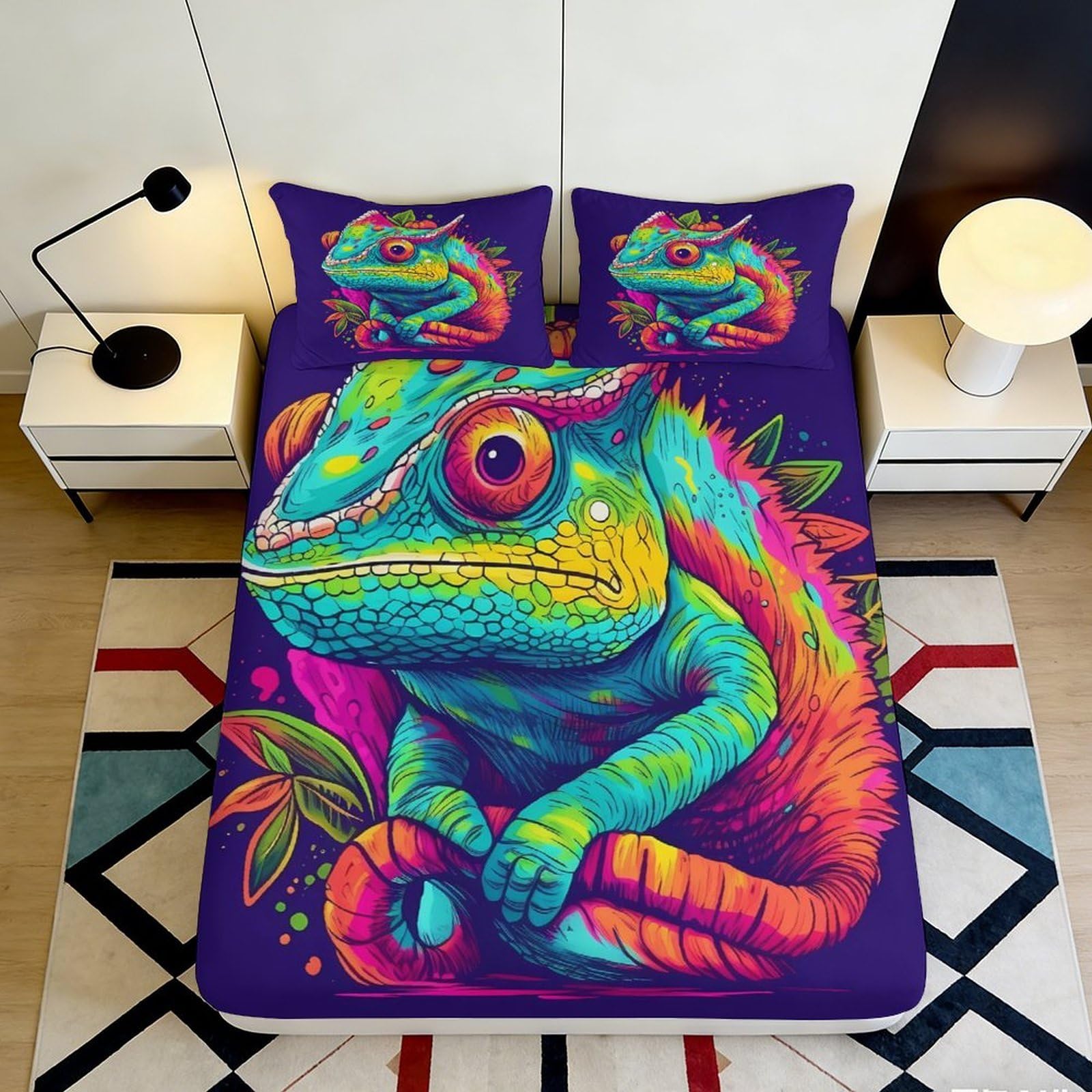 Pnayamiorkfel Style-6 3D Printed Colorful Chameleon Fitted Sheet Microfiber Soft Bed Cover For Bedroom Guest Room Mattress Decor 90X200x25cm