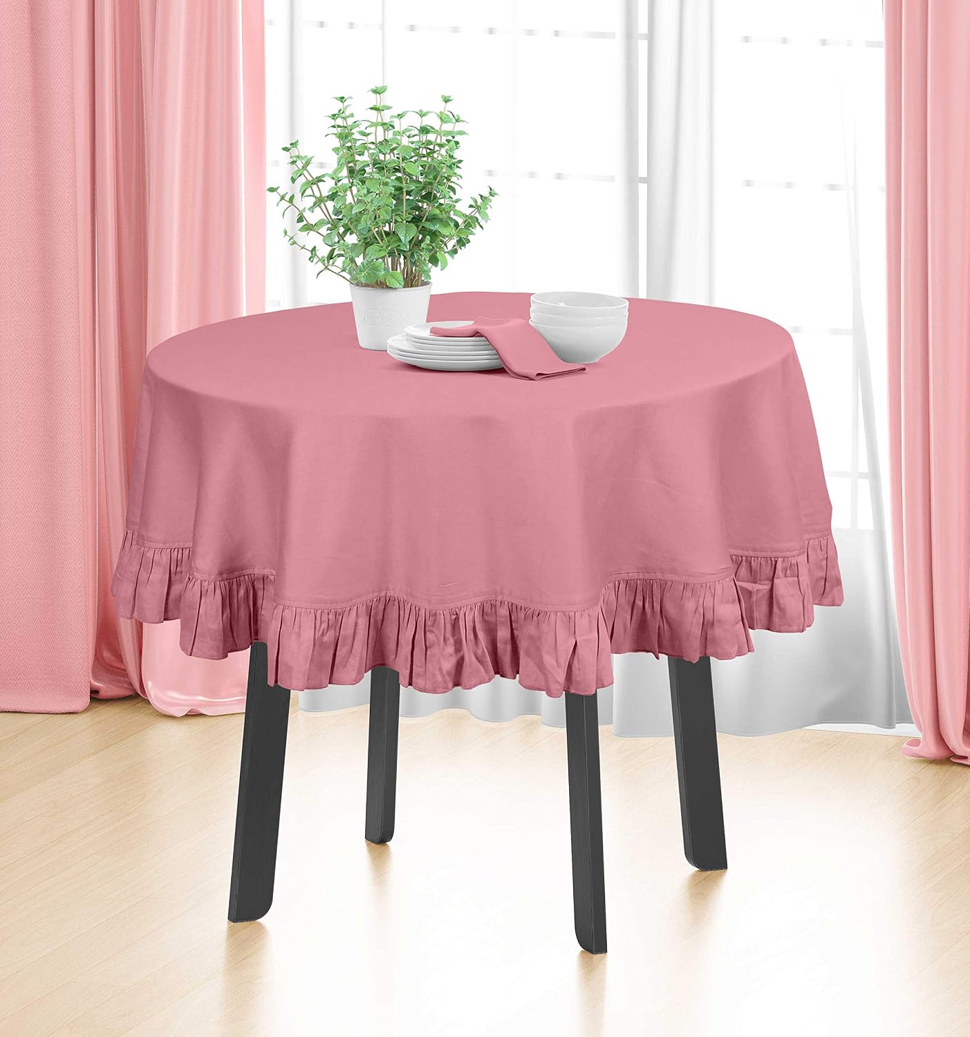 Cotton Table Linens Ruffle Tablecloth, Round Table Cover Protector Solid Tablecloth, Farmhouse Tabletop Washable, Light Pink-54 Inches Diameter