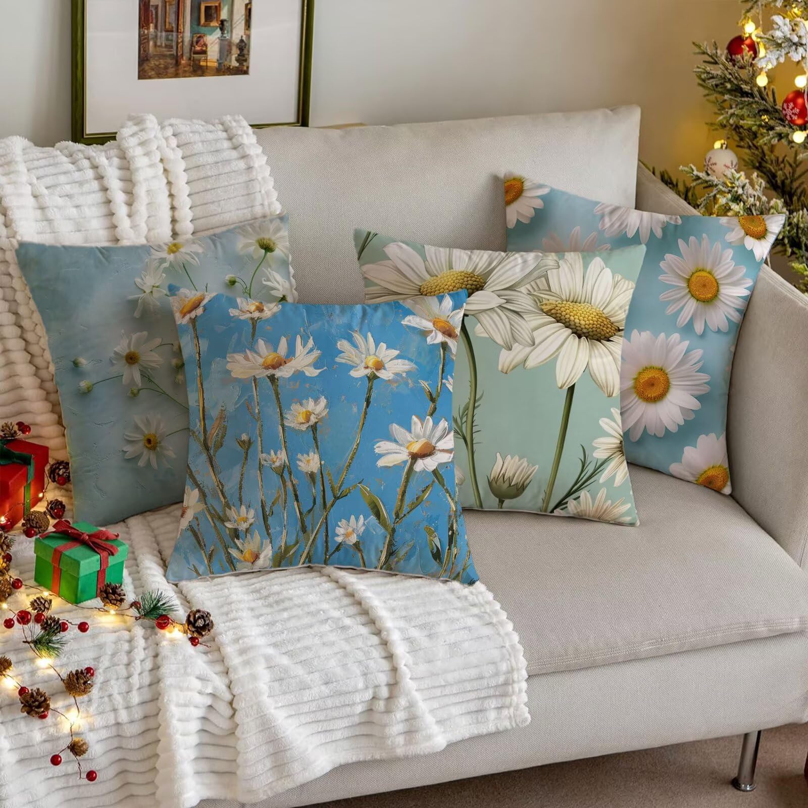 Housses Coussin 60 x 60 cm Lot de 4, Fleur Housse De Coussin Canape Plante Motifs, Tissu Velours, Imprimés Recto Verso Fermeture Éclair Invisible Pour Decoration Maison Salon Chambre Canapé x2-6