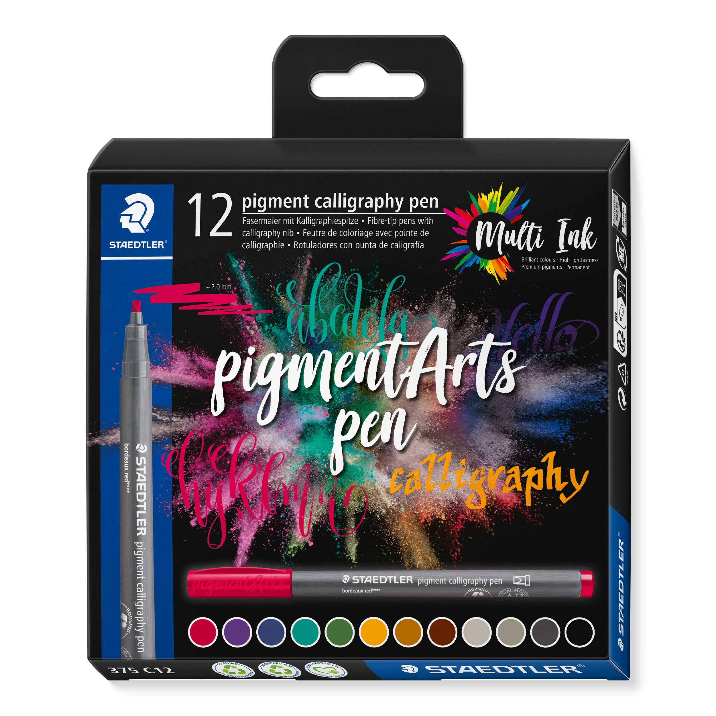 STAEDTLER 375 C12 Pigment Arts Calligraphy Pen - Assorted Colours (Pack of 12), 12 count (Pack of 1)