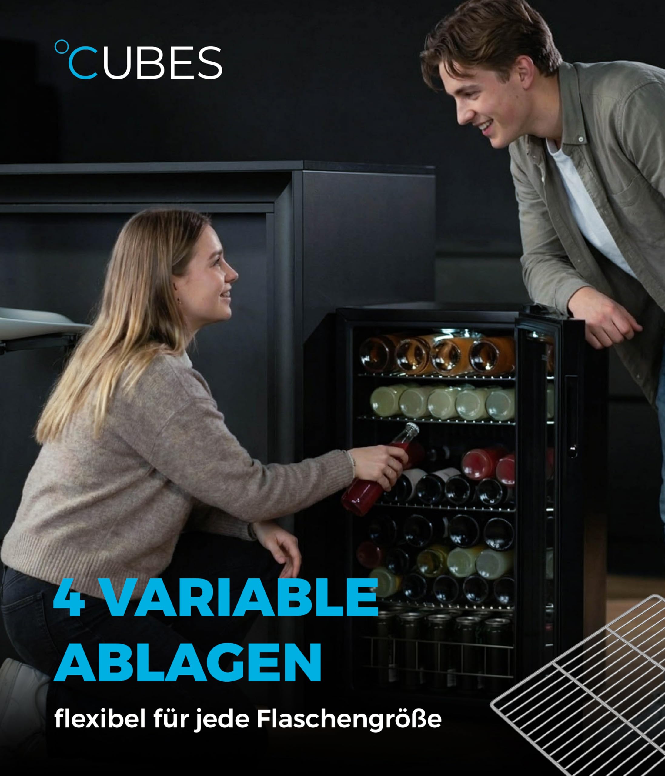 °CUBES BAR°CUBE 90L Getränkekühlschrank mit Glastür LED leiser Mini-Kühlschrank für Dosen Flaschen 4 Ablagen Schwarz