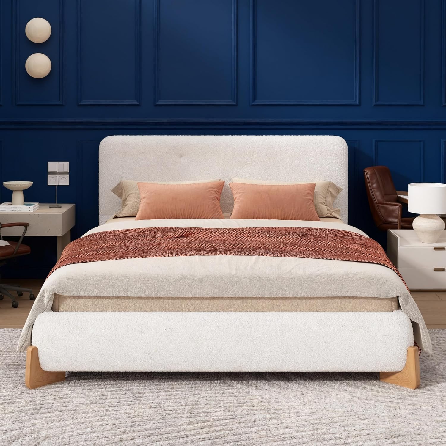 Elegant Boucle Queen Size Platform Upholstered Bed,Comfortable Bedroom Centerpiece, Cloud Bed Frame, Easy Assembly, (White, Queen)