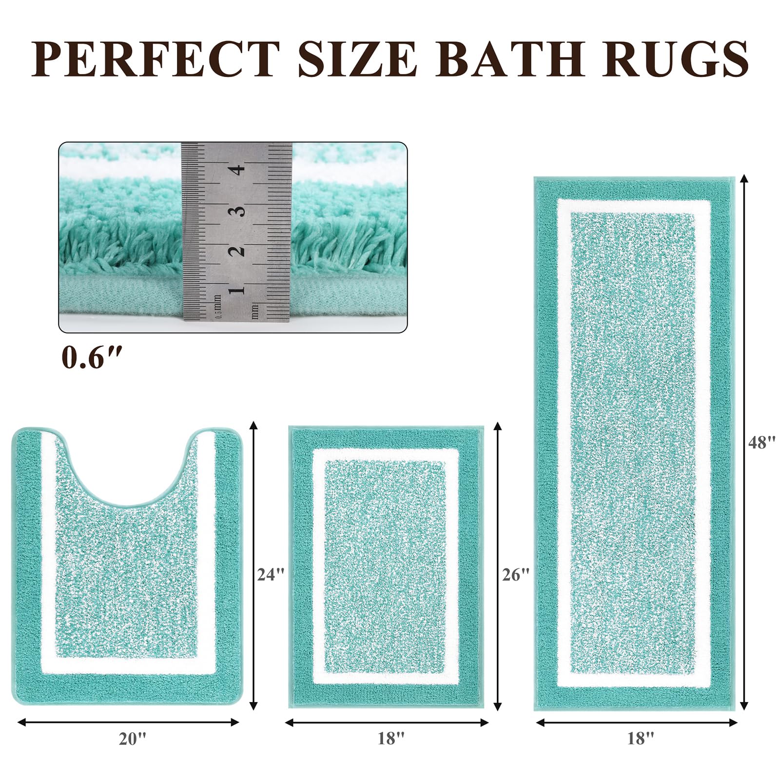 Pauwer - Juego de 3 alfombras de baño antideslizantes, absorbentes y peludas, incluye contorno de váter en forma de U, para baño, dormitorio, sala de estar, verde azulado