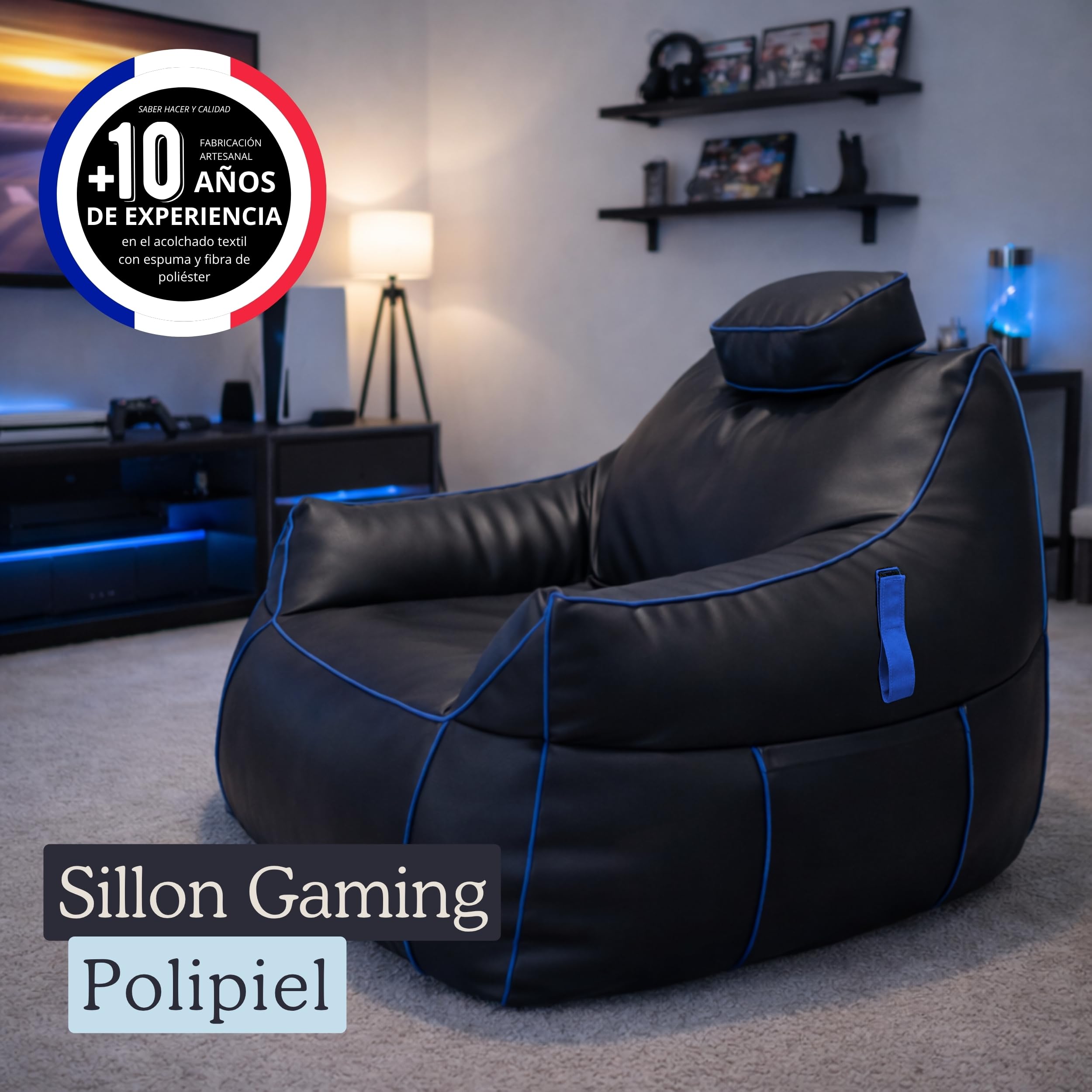 bananair - Puff Gamer XXL - Confort Estable - Relleno de Espuma - Reposacabezas Ajustable y 2 Bolsillos - Apto para Adolescentes y Adultos para Juegos, TV y Relajación (110×100×90 cm, Azul)