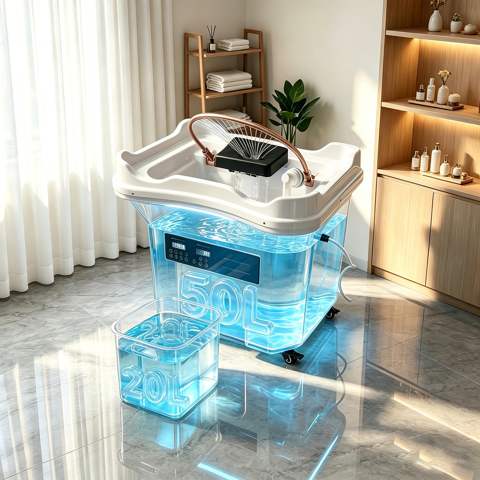 Generisch a-Ausrüstung mit Wasserfall-Spülung, Dampf & Vernebelung | Wasserzirkulations-Shampoobecken 60 L+Aufgerüsteter 20 L Abwassertank | Head Spa Waschbecken (White)