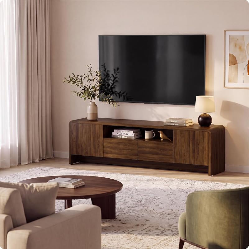 YESHOMY 70" Curved TV Stand for 75 Inch TV, Modern Wood Media Console image 6