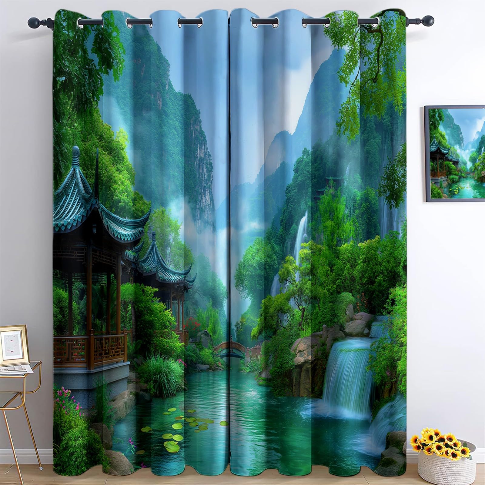 Generico 110 x 215 cm zestaw 2 paneli zasłon do wnętrz, anime krajobraz las pawilony nieprzezroczyste zasłony sypialnia salon zaciemniające, niebieskie zasłony dla chłopców i dziewcząt