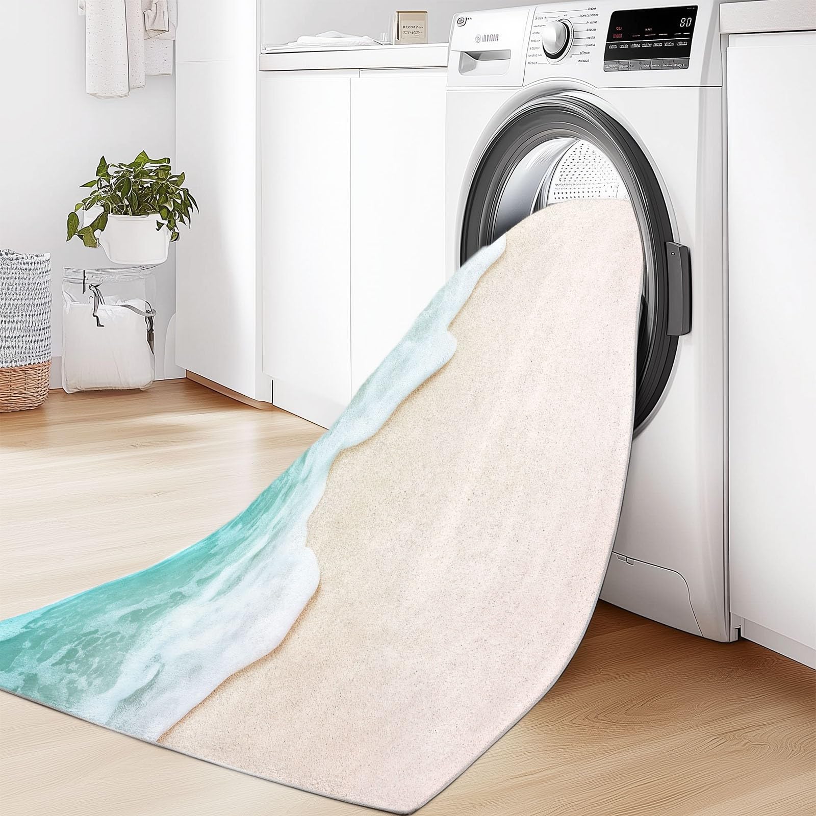 Nature Tapis de Salon, Couleur Claire Antidérapant Lavable en Machine Tapis Flanelle Douce, Moquette Motif Plage Flots pour Chambre Bureau Cuisine Decoration, 150x210 cm