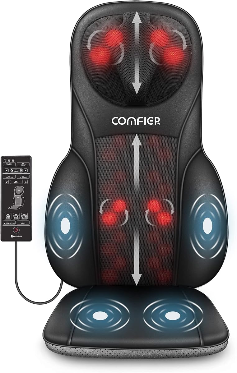 COMFIER Shiatsu Masajeador de Espalda con Calor, Almohadilla de Silla de Masaje con Rodamiento y Amasamiento Profundo, Silla Masajeadora para Uso en Oficina y Hogar