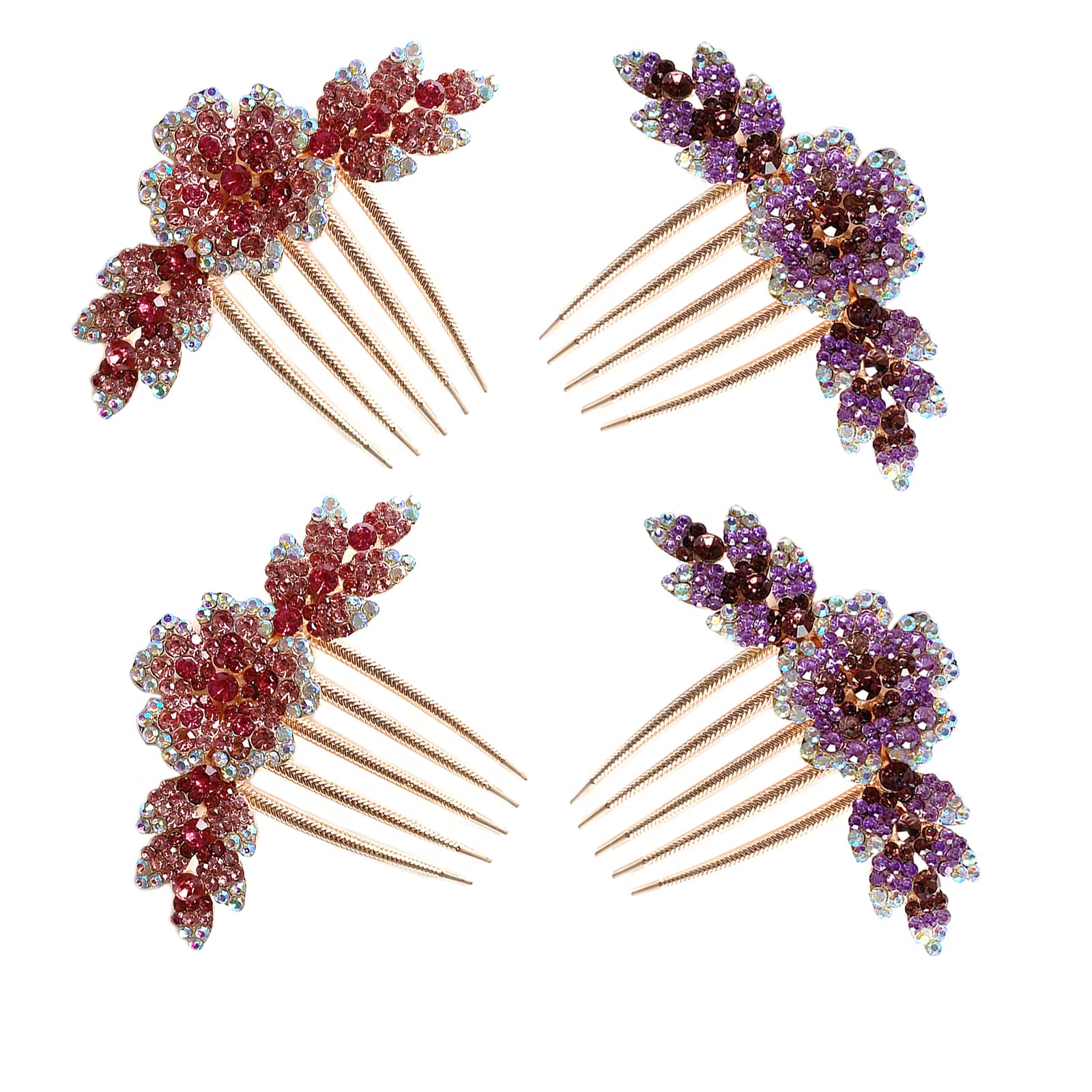 Briskyto 4Pcs Hair Comb Rhinestone Flower Hair Slides Hairpins Hair Clips Head Pieces, Pink,Purple