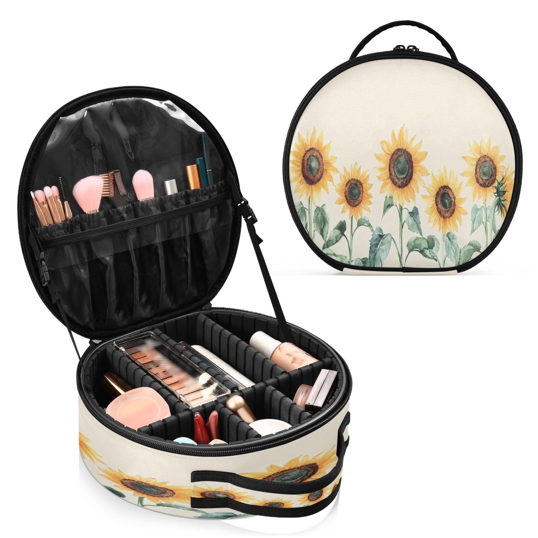 Takiito Sunflower Travel Makeup Case Portable Makeup Box Artist Cosmetic Case Organizer With Adjustable Dividers