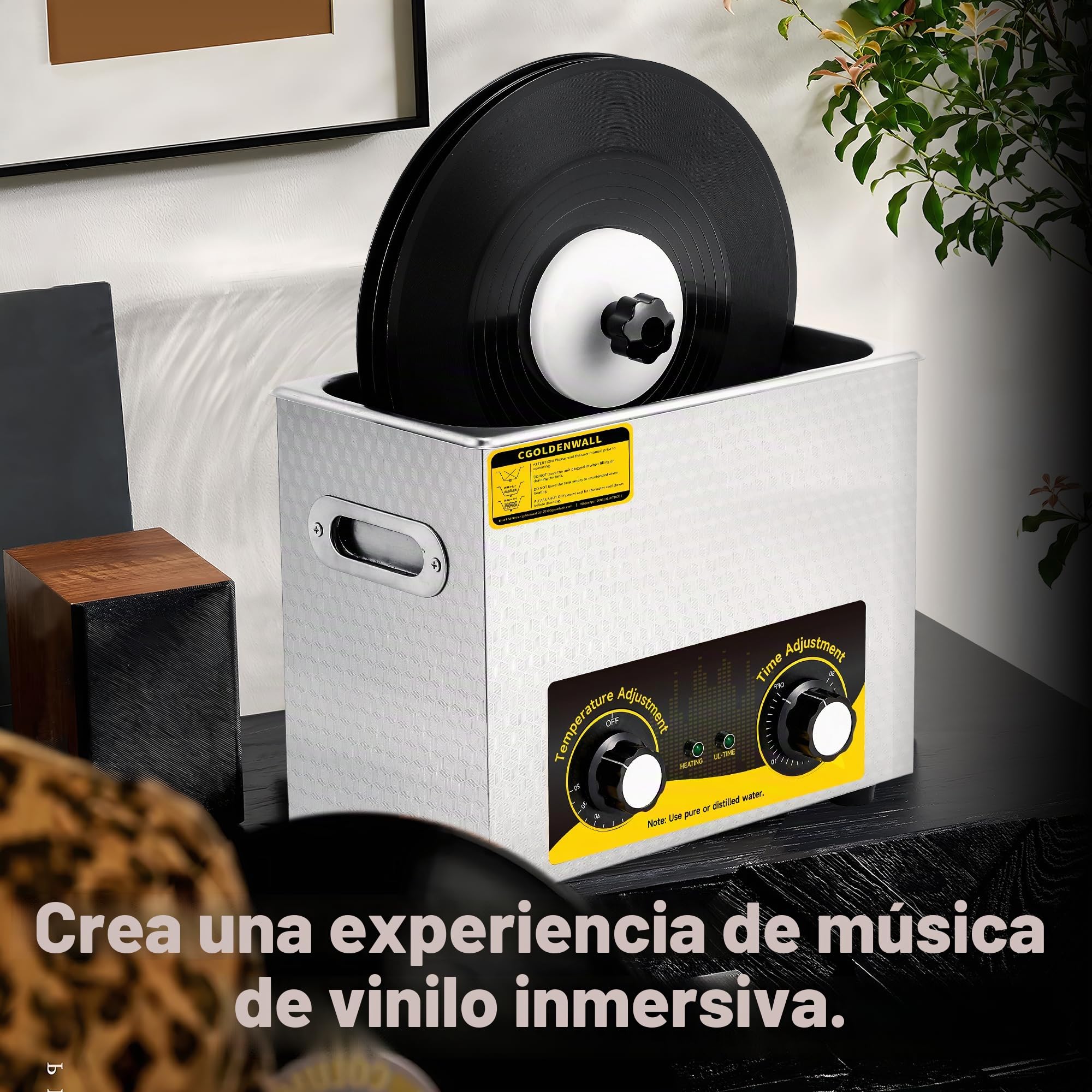 Limpiador Ultrasónico de Discos de Vinilo 6L Máx.6 Discos Temporizador de 0-30 Minutos 20-80°C Función de Calentamiento Rotación Automática para Discos de 7/10/12" Soporte de Secado y Cesta incluidos