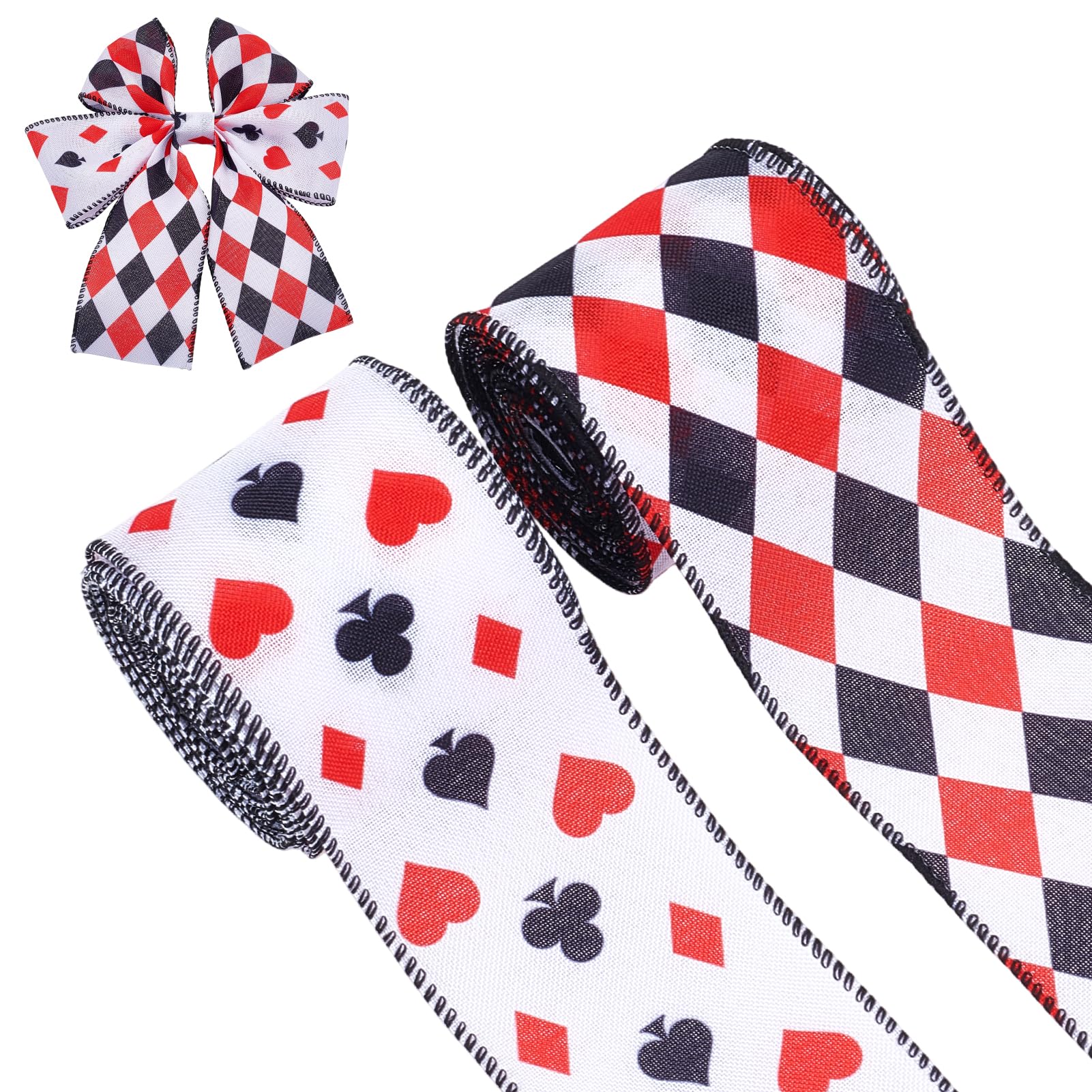 letsinstyle 2 Rolls 10 Yards 2.48 Inch Casino Poker Wired Edge Ribbon, Playing Card Craft Ribbons, Diamond Pattern Grosgrain Trim for Poker Tournament Party Supplies and Craft Projects