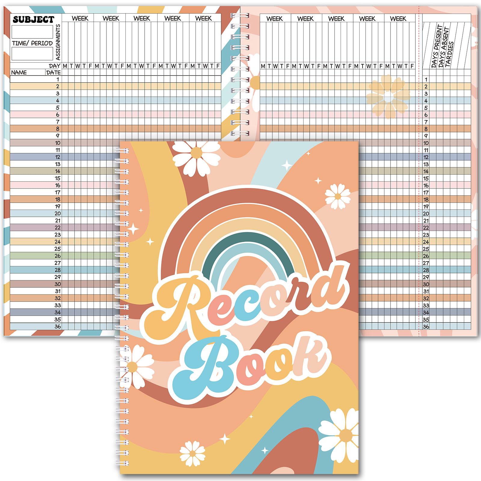 Fuyoooo Teacher Record Book Teacher Grade Books 2025-2026 Spiral Bound Record Class Grade Book Office Favors Gift for Classroom Attendance Supplies Decoration Double Sided(Retro Groovy) โ image 1