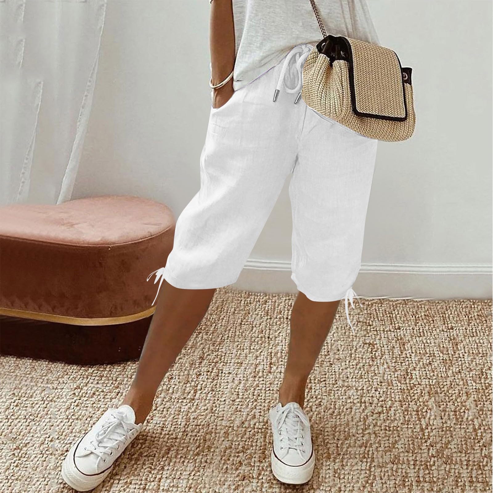 Women's Bermuda Shorts, Summer Shorts for Women, Knee Length Elastic Waist Swing Plus Size Lined Drawstring Solid Workout Tummy Control Half Pants Pocket White XXXL