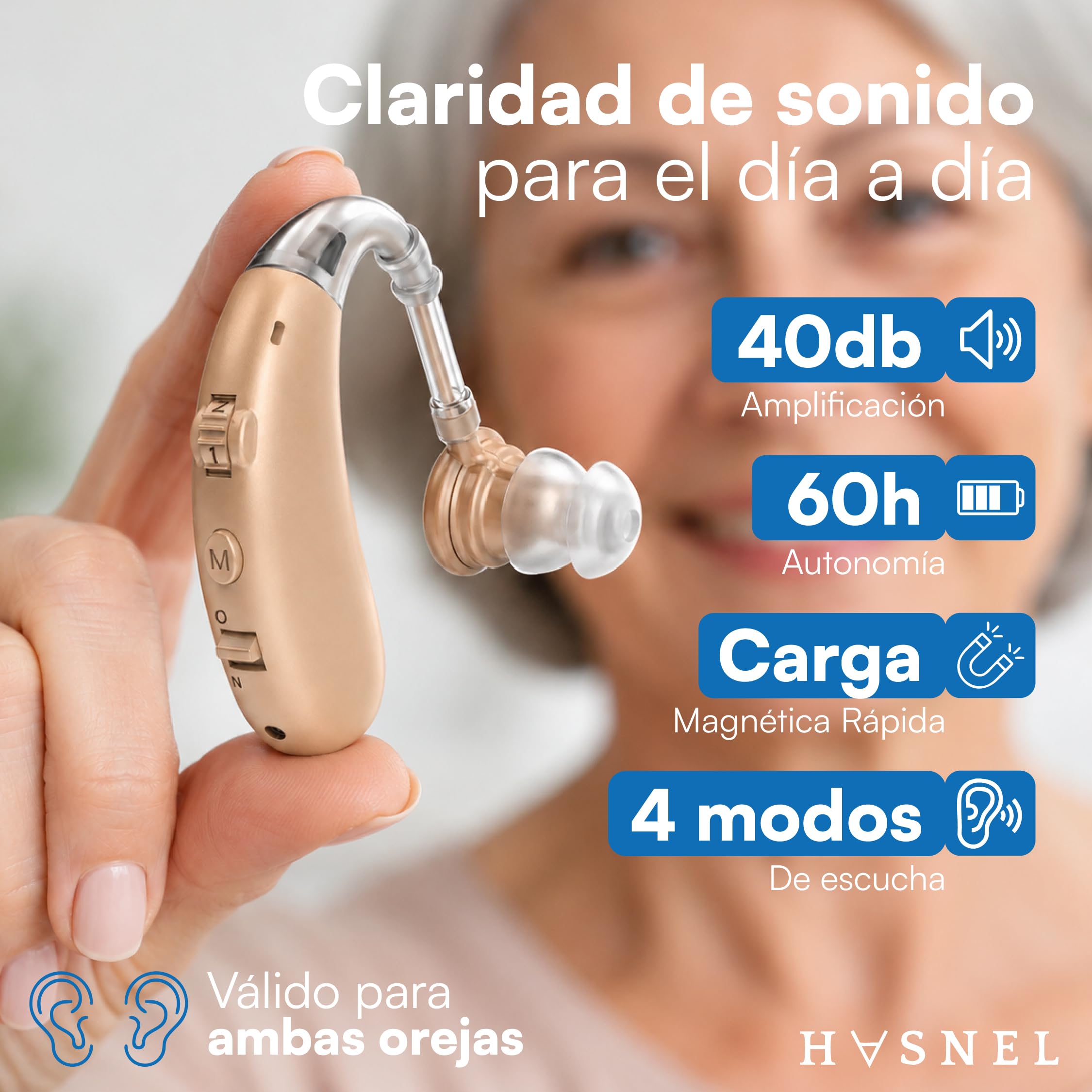 Amplificador de Sonido Recargable, Amplificador Auditivo BTE, Estuche Portátil Carga Rápida, 2 Unidades Intercambiables Válidas para Ambas Orejas, Manual en Español, Larga Duración 60 Horas