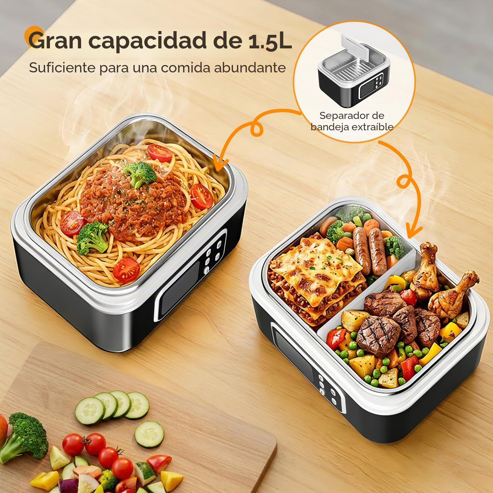 Fiambrera Electrica,Calentador de Comida Portatil 1.5L para Comida con Pantalla Táctil,Taper Termico Comida Caliente con Vajilla de Acero Inoxidable y Bolsa Aislante,Lonchera Termica para Coche