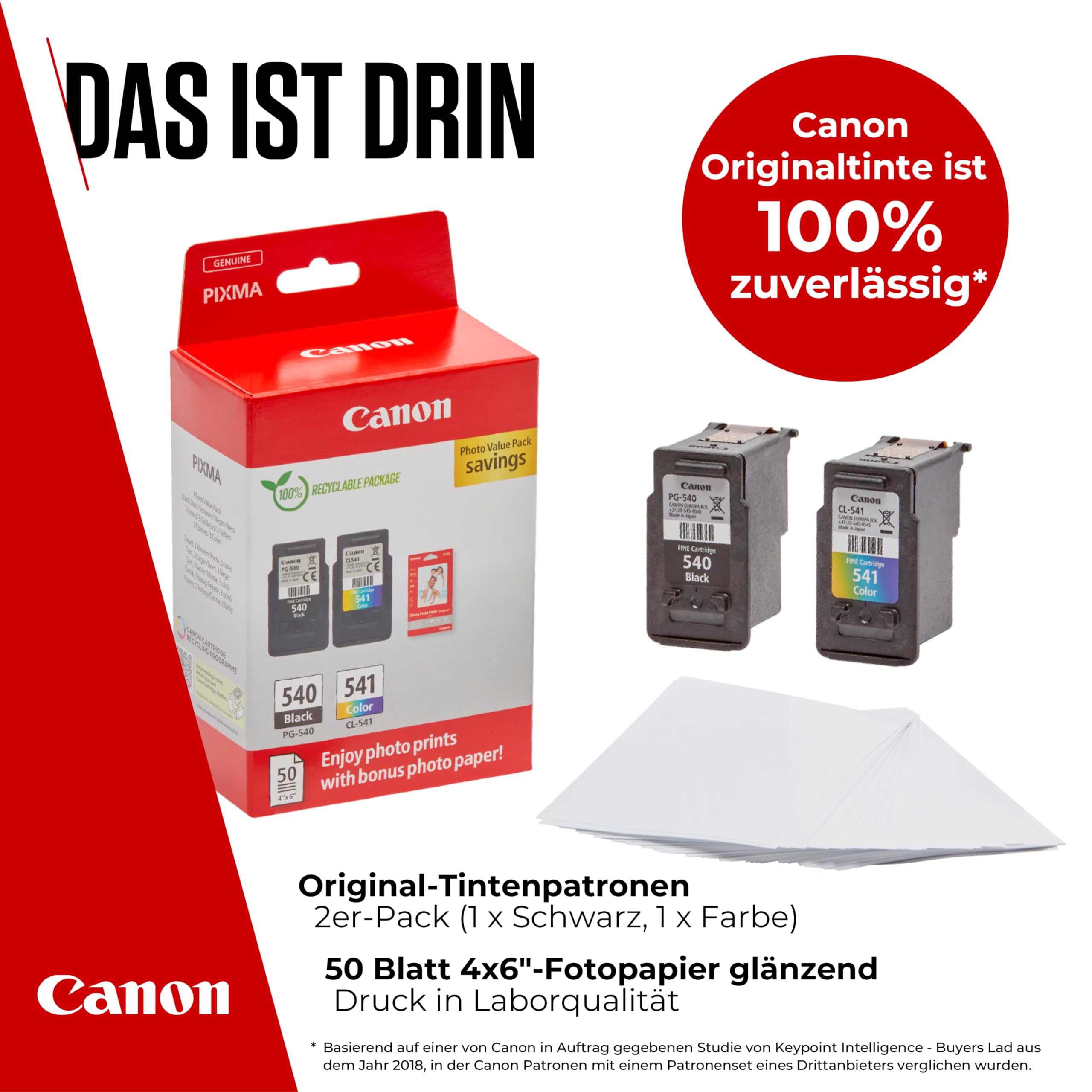 Canon PG-540 CL-541 Original Tintenpatronen 2er-Pack & 4x6 Fotopapier 50 Blatt für PIXMA TS5150 TS5151 MG3650s MG4250