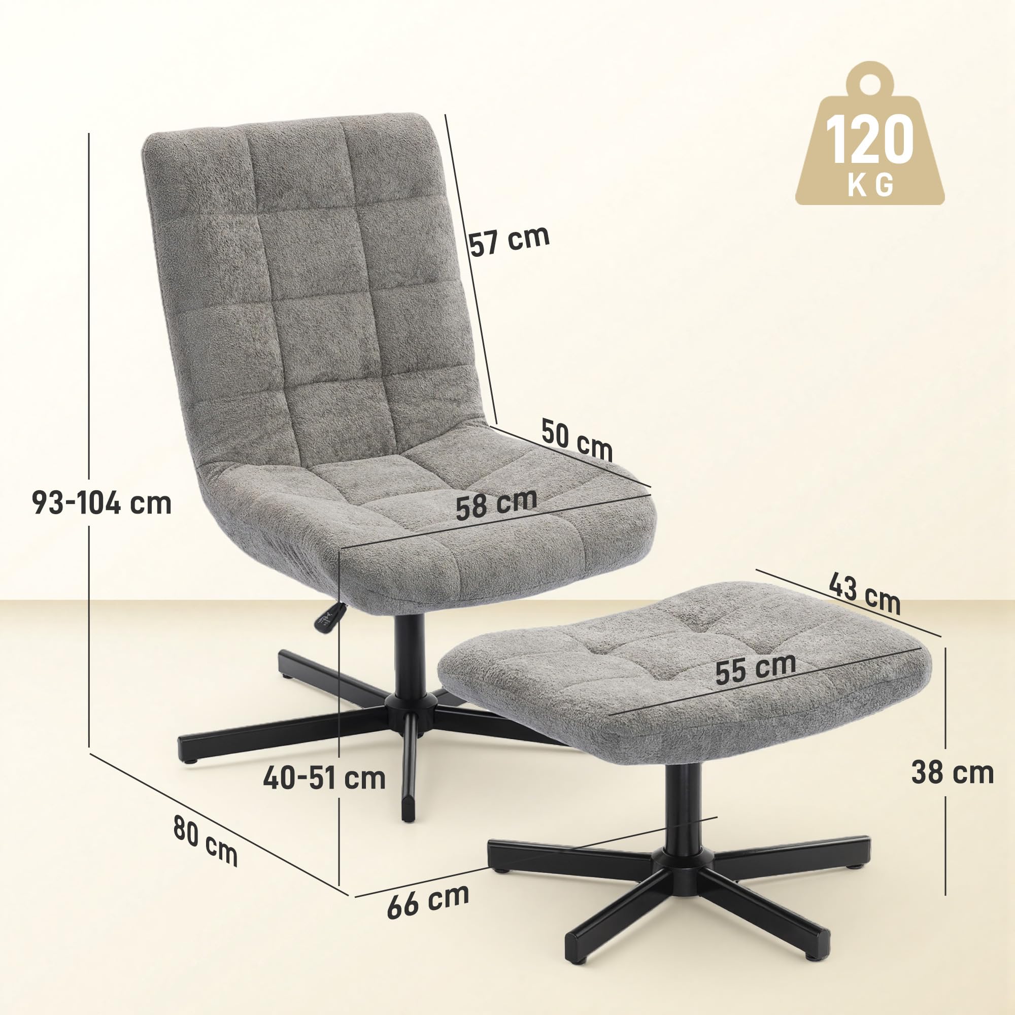 HOMCOM Fauteuil Salon avec Repose-Pieds, Chaise pivotante en Velours sans accoudoirs, Hauteur réglable, Dossier inclinable 4 Positions, Assise rembourrée, Fauteuil Relax pour Salon et Chambre, Gris | Sans Accoudoirs, Hauteur Réglable, Dossier Inclinable 4