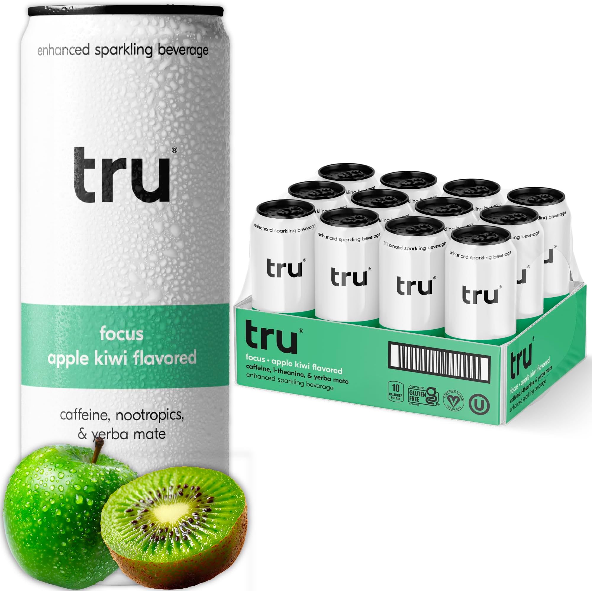 Focus Seltzer, Sparkling Water with Green Tea Extract, Yerba Mate, L Theanine & Real Apple Kiwi Juice, Sweetened with Monk Fruit & Stevia, Gluten Free, Vegan, Sugar Free, 12 FL OZ Cans, 12 Pack