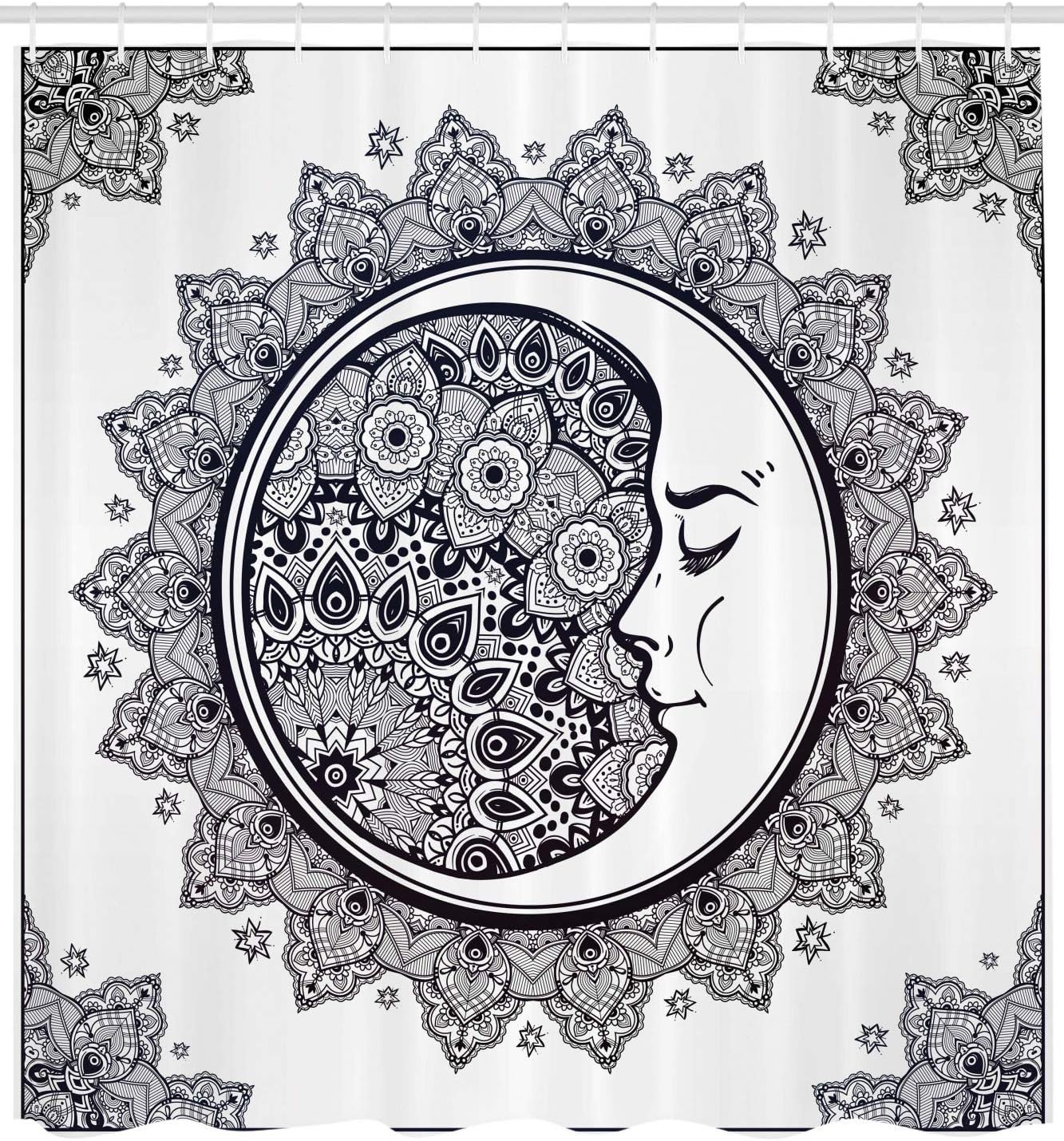 Ambesonne Zodiac Shower Curtain, Intricate Boho Mandala Form Crescent Moon Foreground Alchemy, Cloth Fabric Bathroom Decor Set with Hooks, 69" W x 75" L, White Charcoal Grey