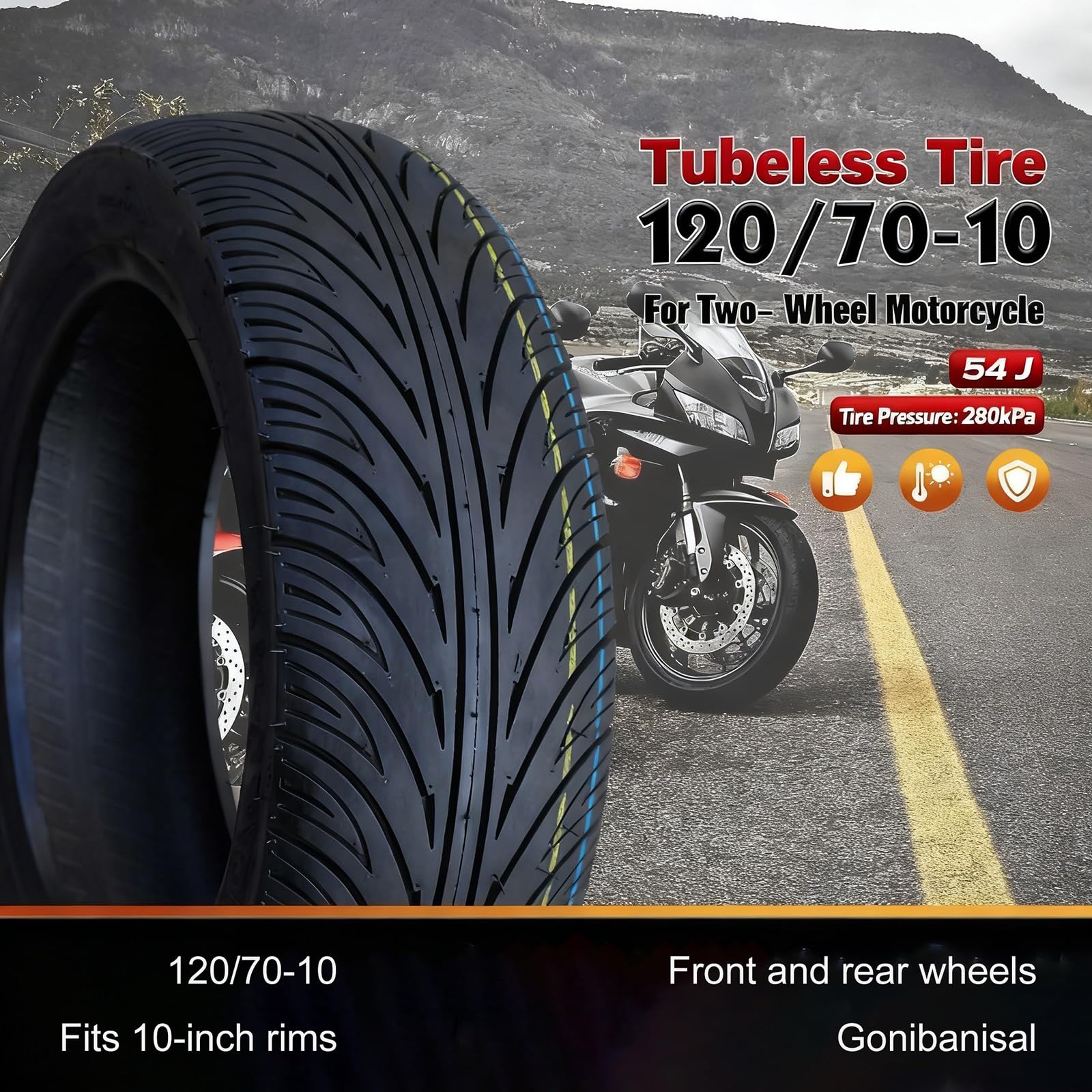 120/70-10 Opona Motocyklowa bez Wewnętrznej Rury | do Przedniego i Tylnego Koła | Uwzględnia 6 P.R. Wzmocnioną Ścianę Boczną | Indeks Obciążenia 54, Indeks Prędkości J(B)