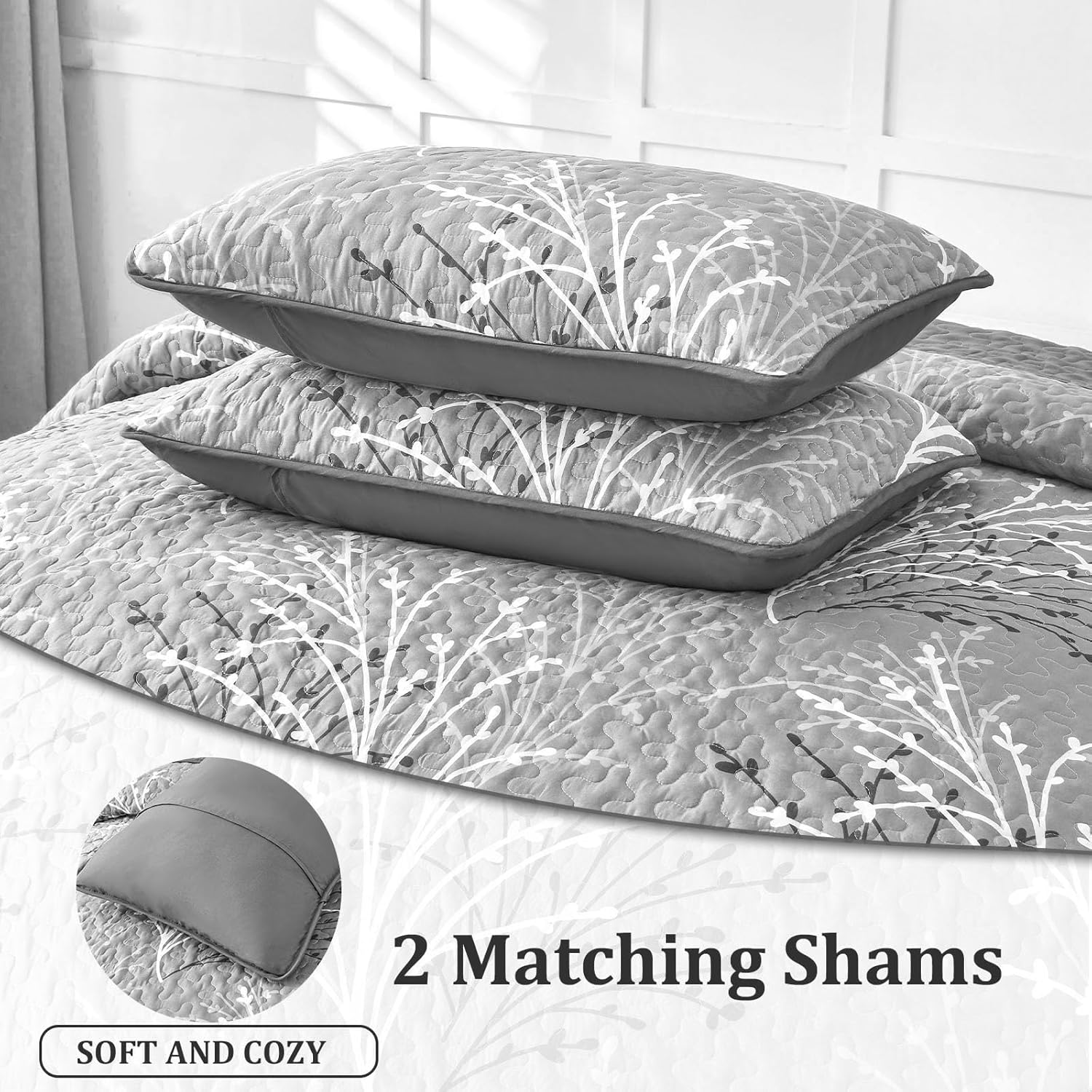 DJY Grey Quilt Set Queen Size - Branch Botanical Pattern Bedspread Coverlet Set, 3 Pieces Gray Floral Quilt Bedding Set, Soft Lightweight Microfiber Reversible Summer Quilt Set - Image 7