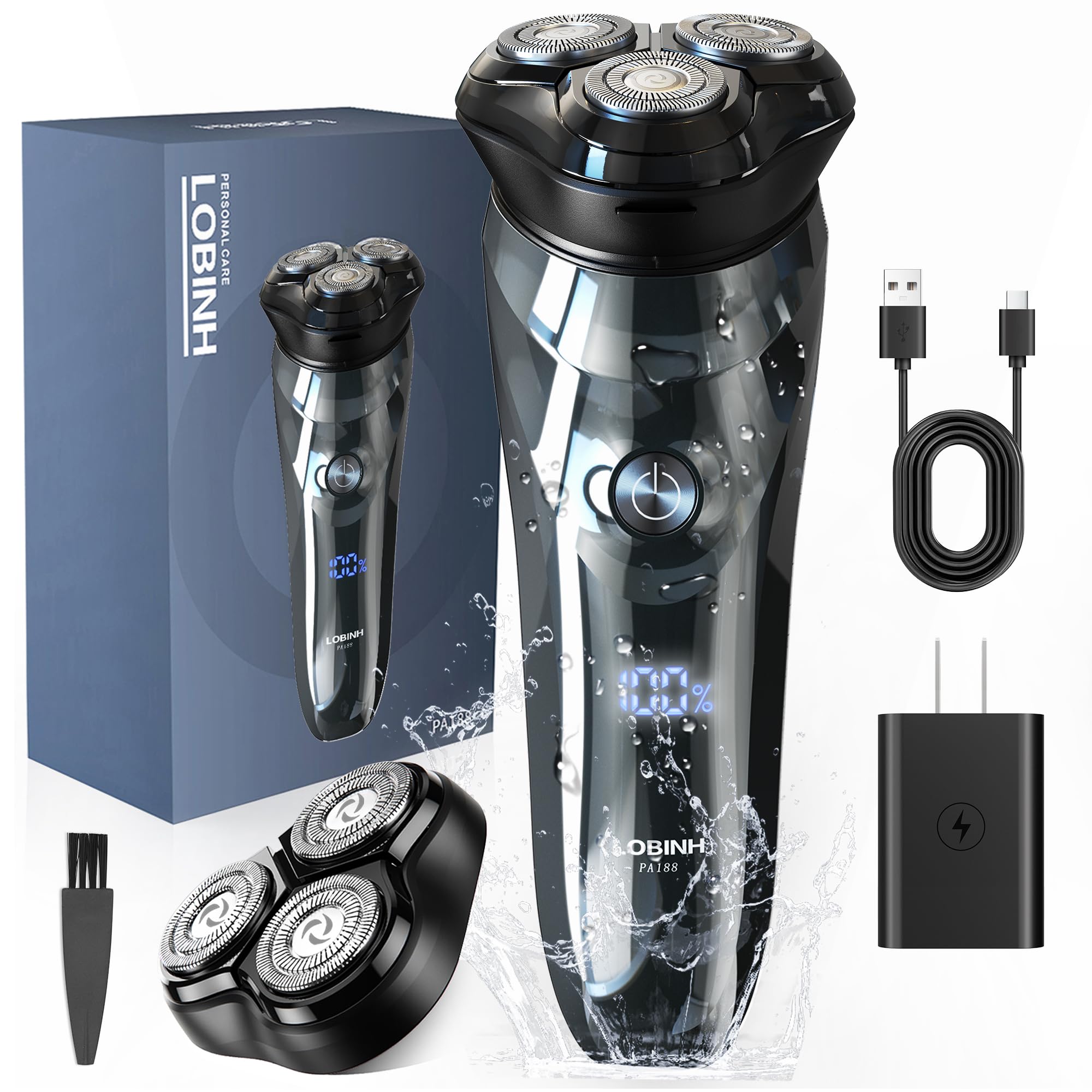 Electric Razor for Men, 3D Rechargeable Waterproof IPX7 Electric Shaver for Men Wet & Dry, Cordless Rotary Razor with Beard Pop-up Trimmer, 1 Hour Fast Charging, 4D Floating Head