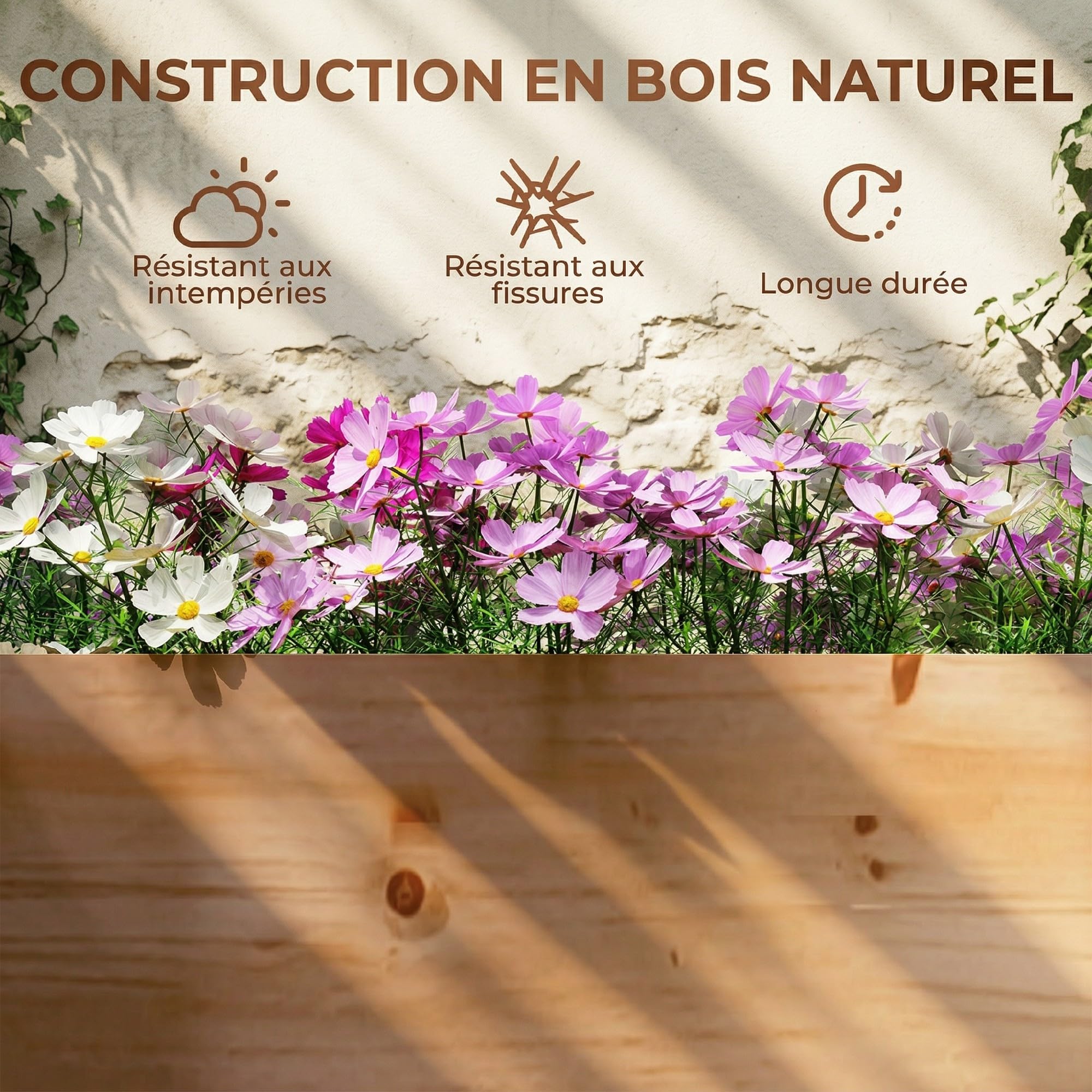 Outsunny Carré Potager en Bois 234x109x25 cm Lit de Jardin Surélevé 4 Zones de Culture Jardinière Extérieure à Fond Ouvert Montage sans Outil pour Légumes et Fleurs Marron Clair