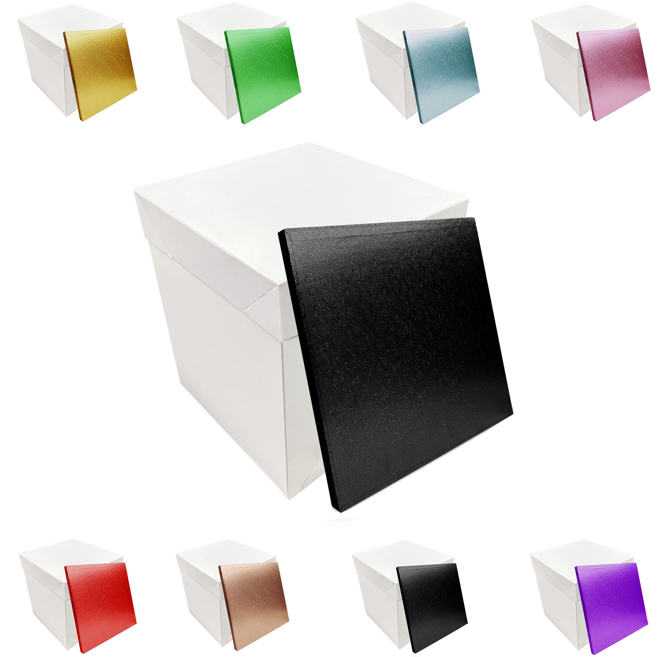 LARRYROO Tall White Extra Deep Cake Box + Lid & Square Colour Cake Drum Board Combo Pack for High Celebration, Wedding, Birthday Cakes (Black, 8 Inch) โ image 1