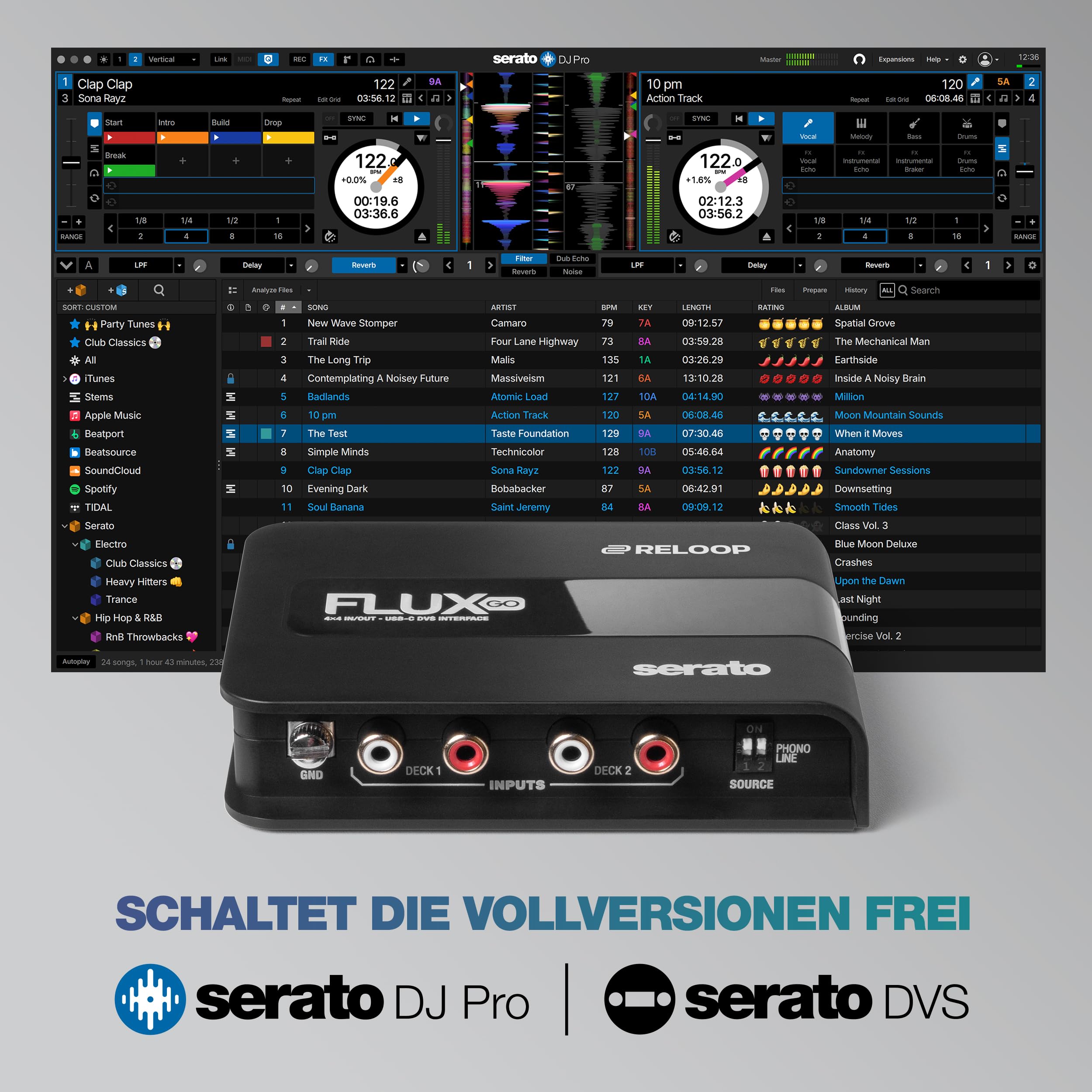 Reloop Flux Go - Studio-Soundkarte mit 24-bit(class compliant) für kristallklaren Sound und ultra-niedrige Latenz