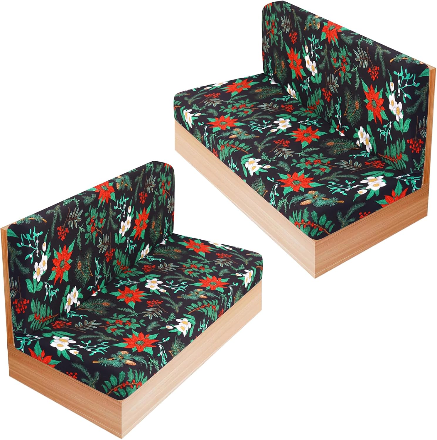 RV Dinette Cushion Covers Set of 2, Printed Camper Cushion Slipcovers, Washable Anti Slip Stretch Fabric (Christmas Flower)