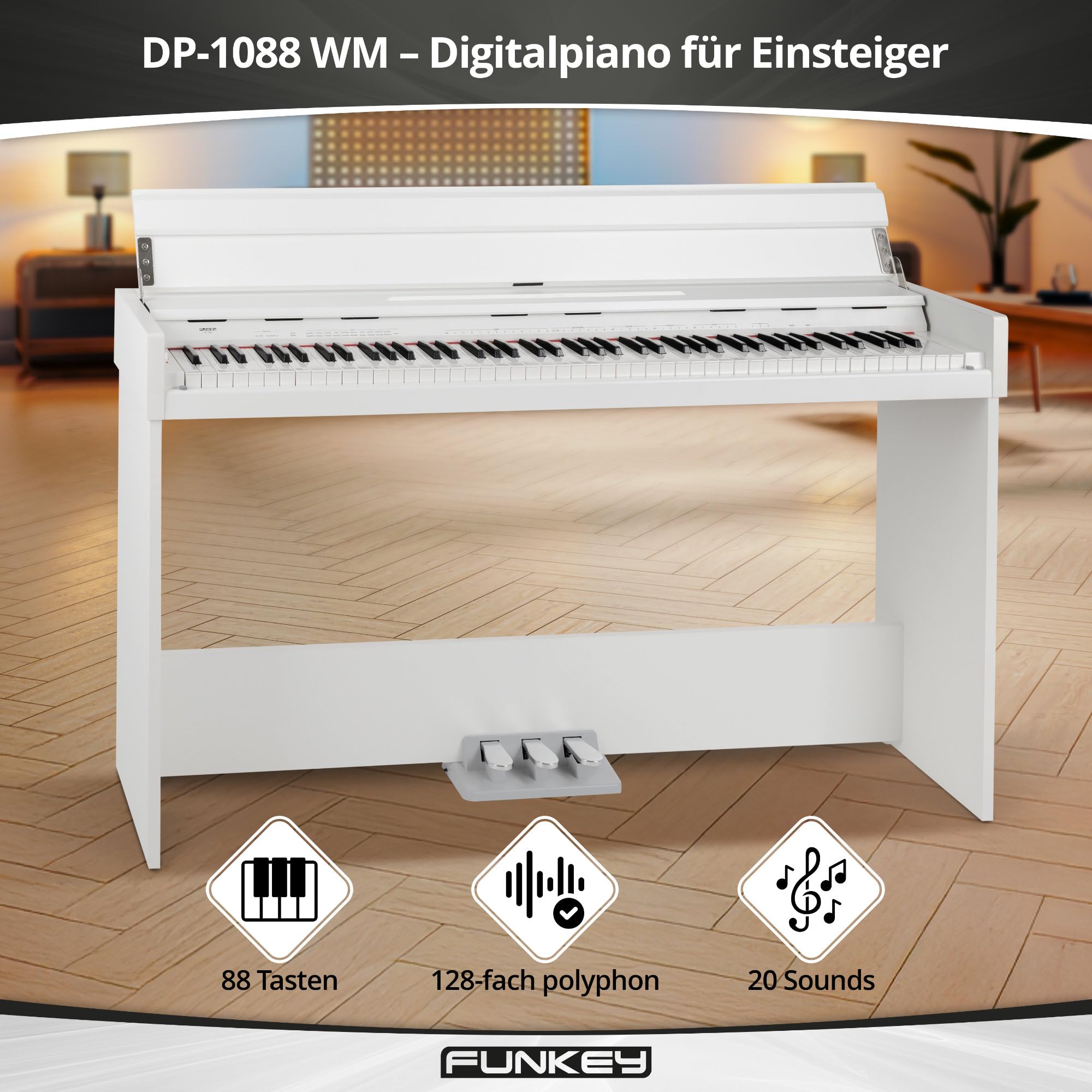 FunKey DP-1088 WM Pianoforte digitale sottile - 88 tasti sensibili alla velocità e 3 pedali - 20 suoni - Altoparlanti stereo integrati e 2 prese per cuffie - Finitura bianco opaca