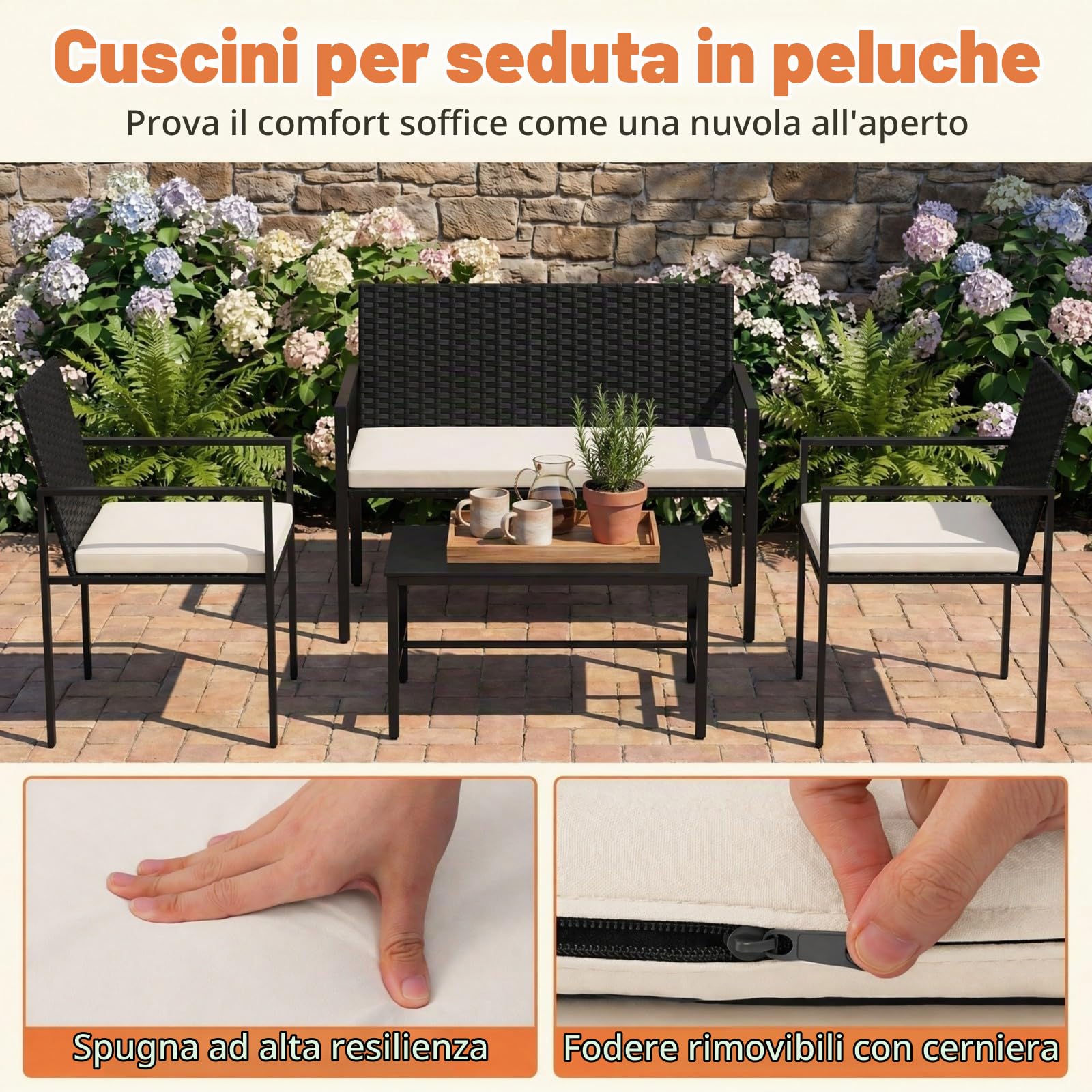 GIANTEX Set di Mobili da Giardino in Rattan per 4 Persone, Composto da 2 Poltrone e Tavolo in Vetro Temperato, Mobili Multiuso per Balcone, Terrazza e Veranda