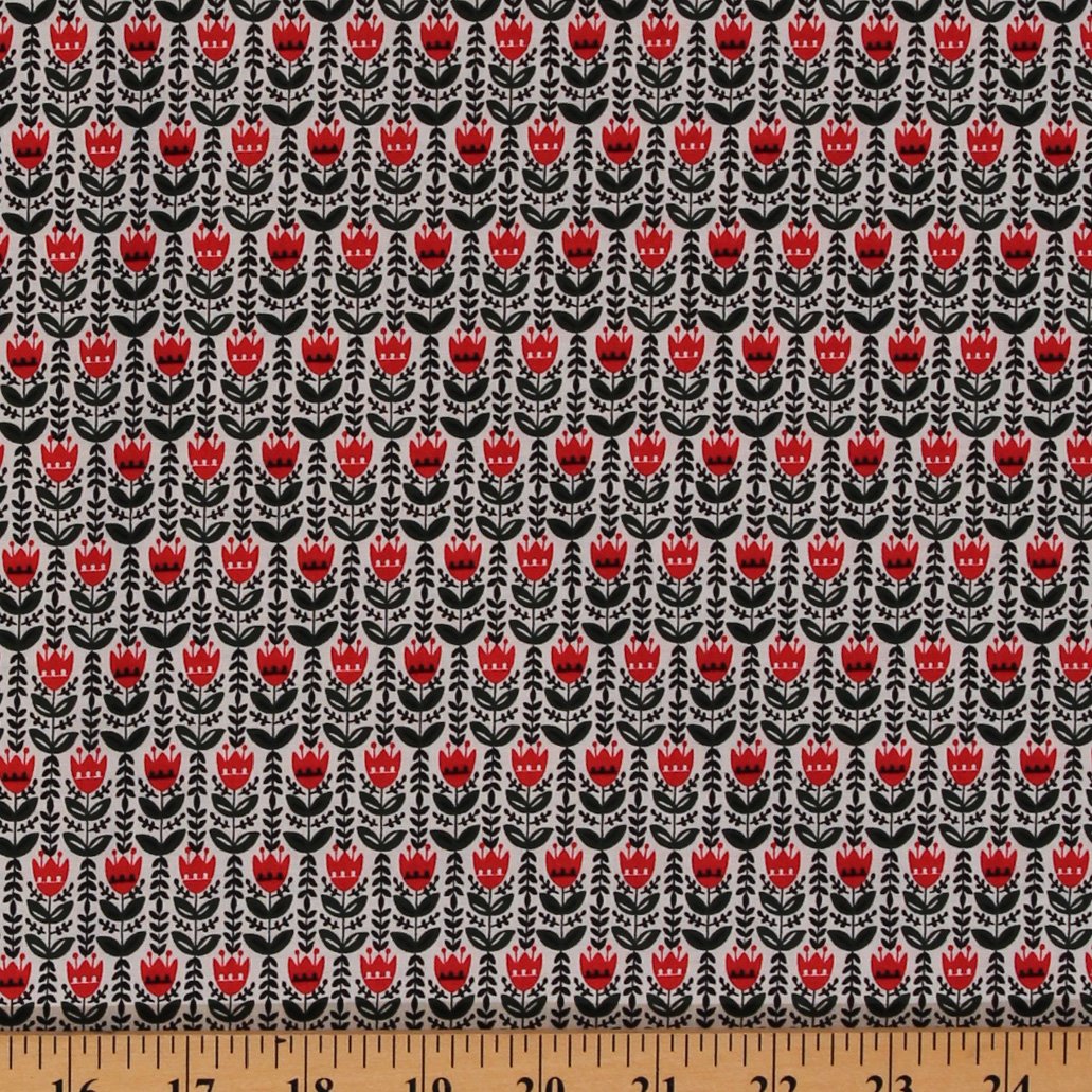 Cotton Wildfield Coordinate Tulip Flowers White Red Cotton Fabric Print by the Yard (40250-3)