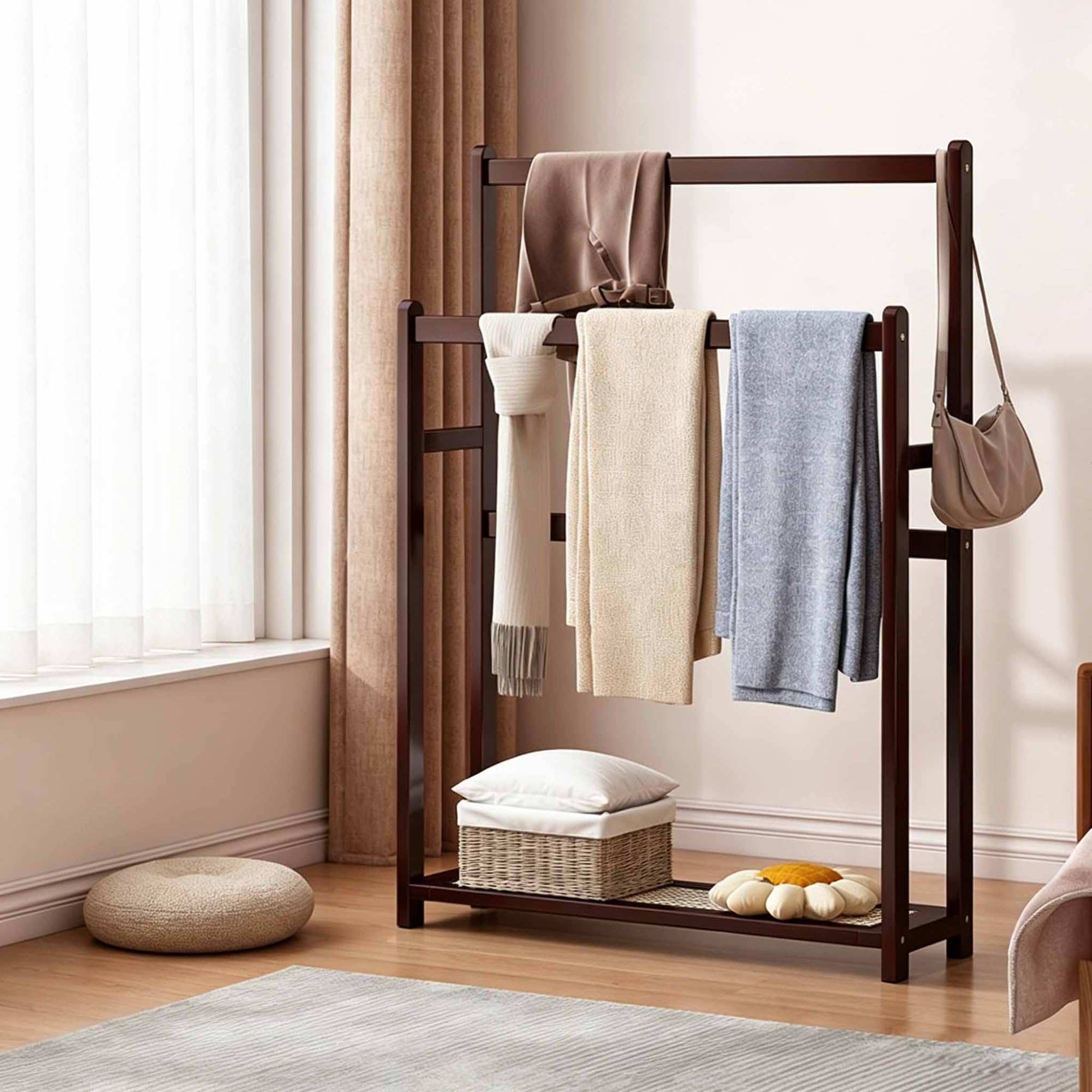 39.3" Tall Standing Towel Racks, Bamboo Blanket Rack Stand