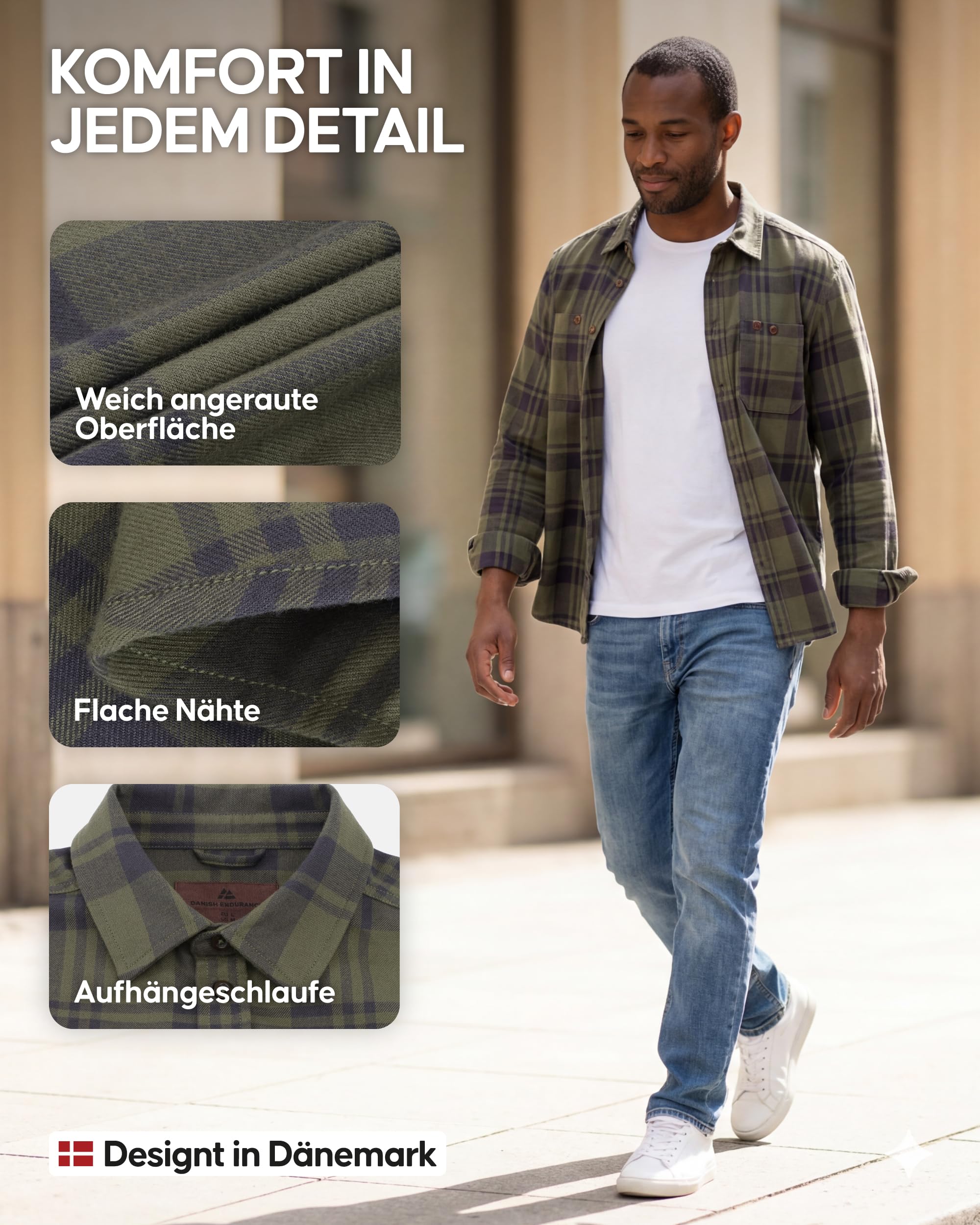 DANISH ENDURANCE Flanellhemd Herren, Bio-Baumwolle | Holzfällerhemd aus Bio-Baumwolle, Arbeitshemd, Weich & Robust, Lockere Passform, für Freizeit, Wandern & Arbeit