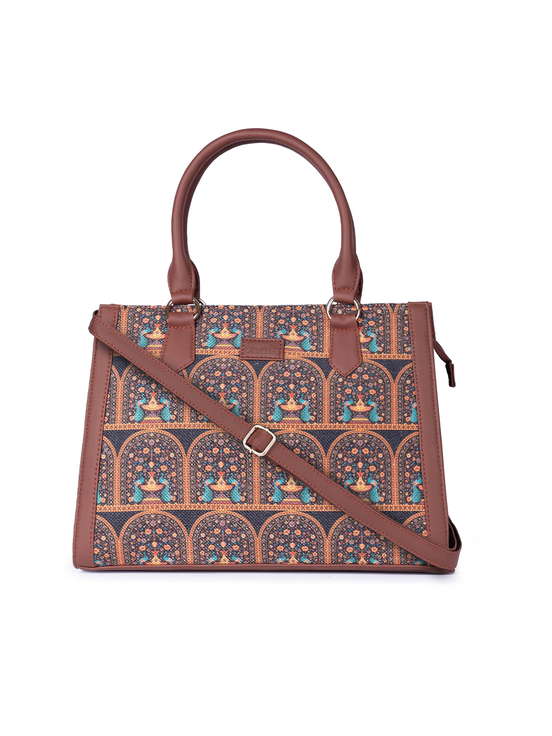 zouk Printed Jute Handcrafted Vegan Leather Multicolor Women's Satchel Bag | Ladies Purse Handbag | Double Handle Detachable Strap-picture-25