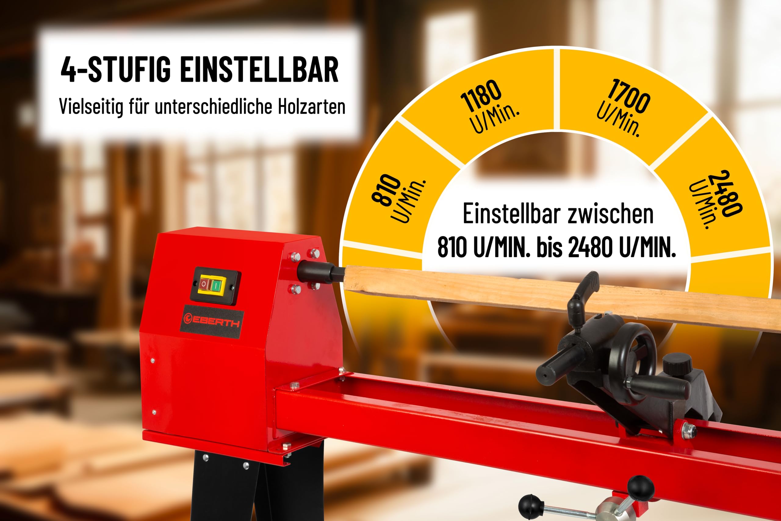 EBERTH Drechselbank 550 W für Holz mit stabilem Untergestell – 1000 mm Spitzenweite, Ø 350 mm Drechseldurchmesser, 4-stufiger Riemenantrieb, standfeste Holz-Drehbank