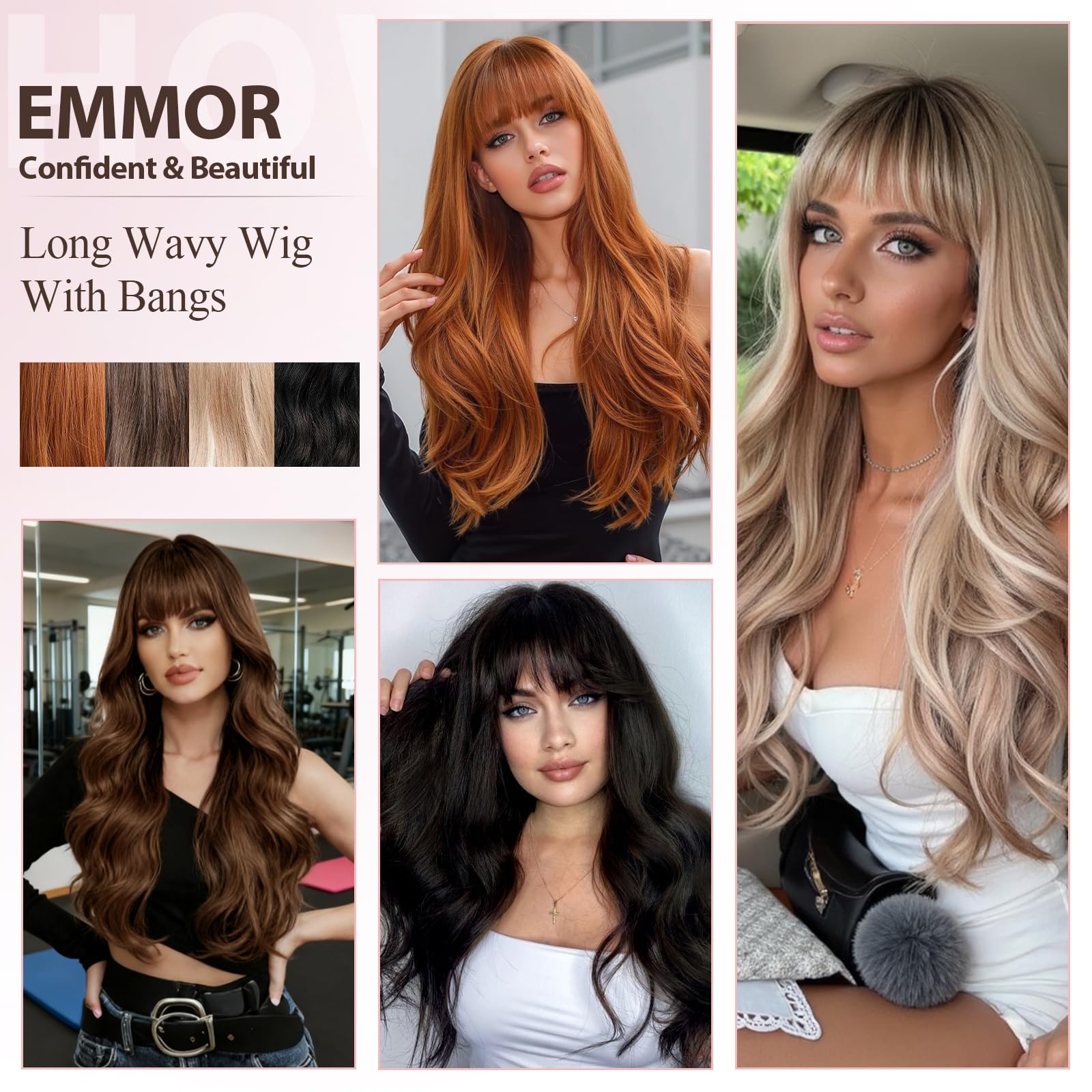EMMOR Perruques Ombré Auburn pour Femmes Perruque Longue et Bouclée avec Frange en Fibres Synthétiques Résistantes à la Chaleur Perruques Quotidiennes d'Aspect Naturel