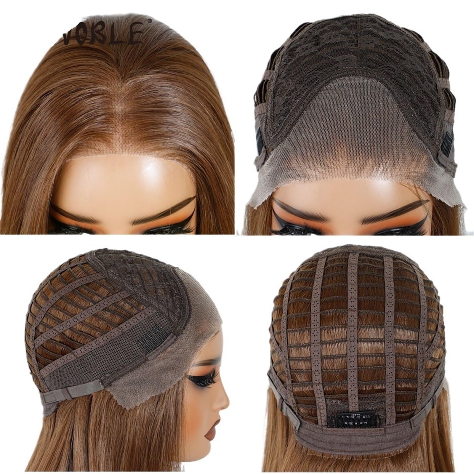 Pelucas de pelo Peluca frontal de encaje 13x3, raya libre, bob pre-depilado, 16", liso, en capas, ombré marrón