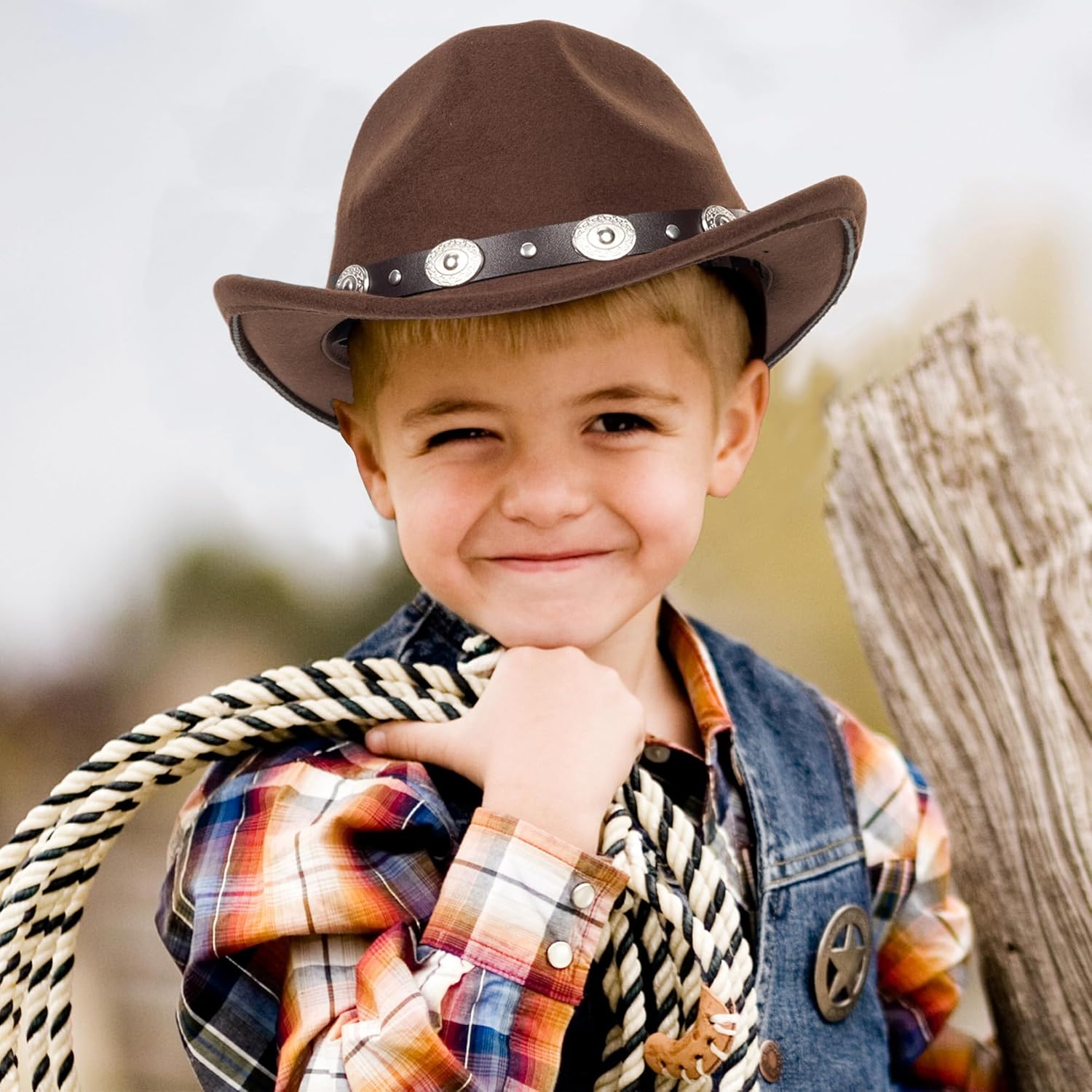 Kids Western Cowgirl-Cowboy Felt-Fedora-Hat Girls Boys Wide-Brim Retro-Rodeo Panama-Cap with Gus-Buckle-Belt for 5-8T, Brown - Image 4