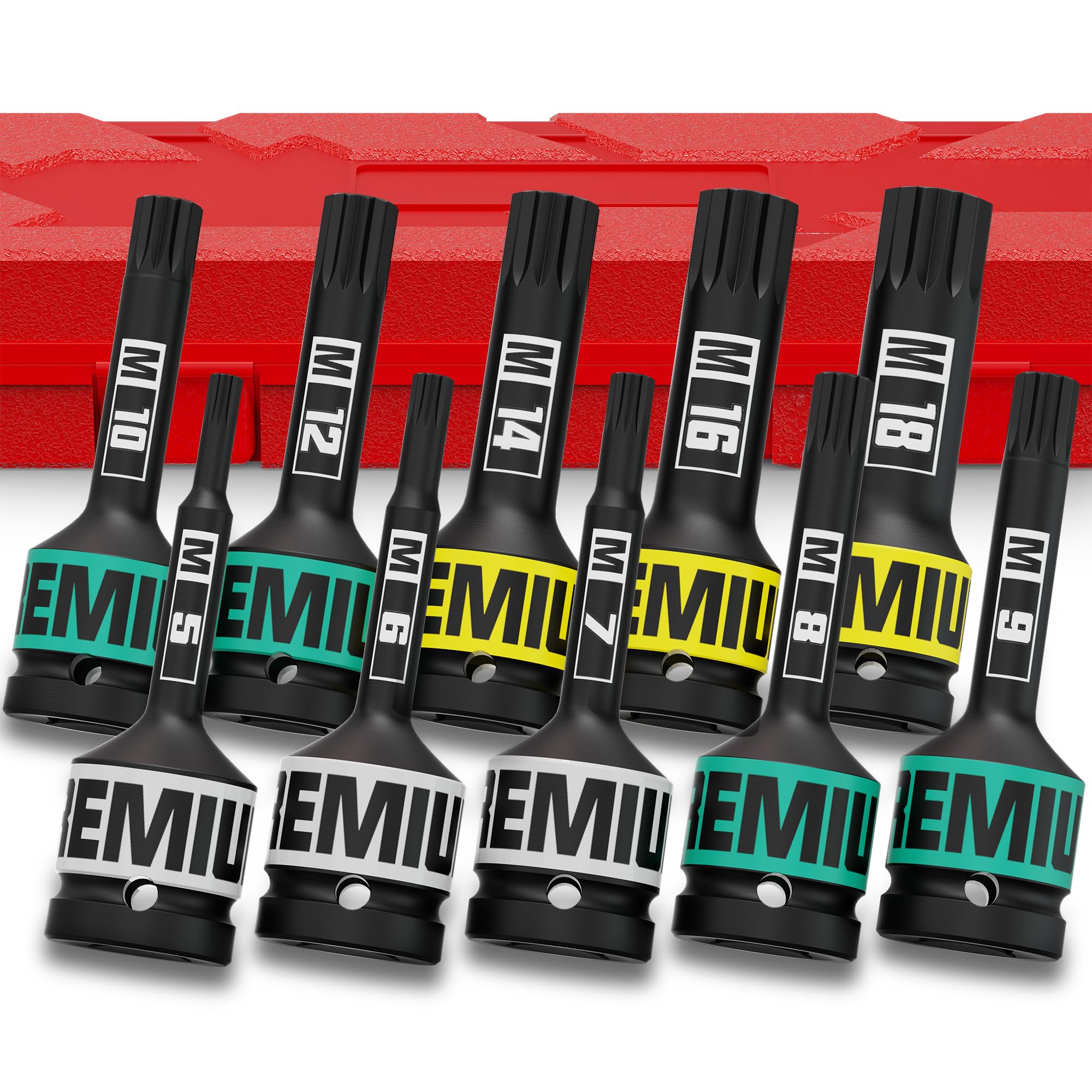 Chiavi a Bussola XZN 1/2", 10 Pezzi Bussola con Denti Multipli Set, M5 - M18 Tripla Scanalatura Quadrata, Indicato per Interventi su Auto Piccole Riparazioni Domestiche