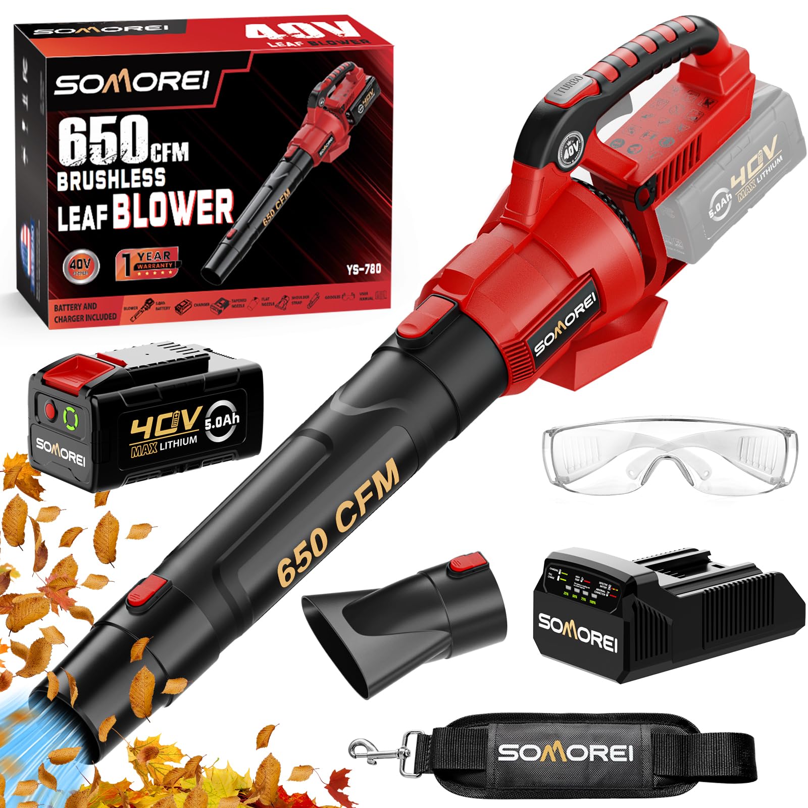 Somorei Electric Cordless Leaf Blower - 40V Battery Powered 650 CFM 190 MPH with 5.0Ah Battery & Charger - Lightweight Powerful Brushless Blower for Lawn & Garden Care