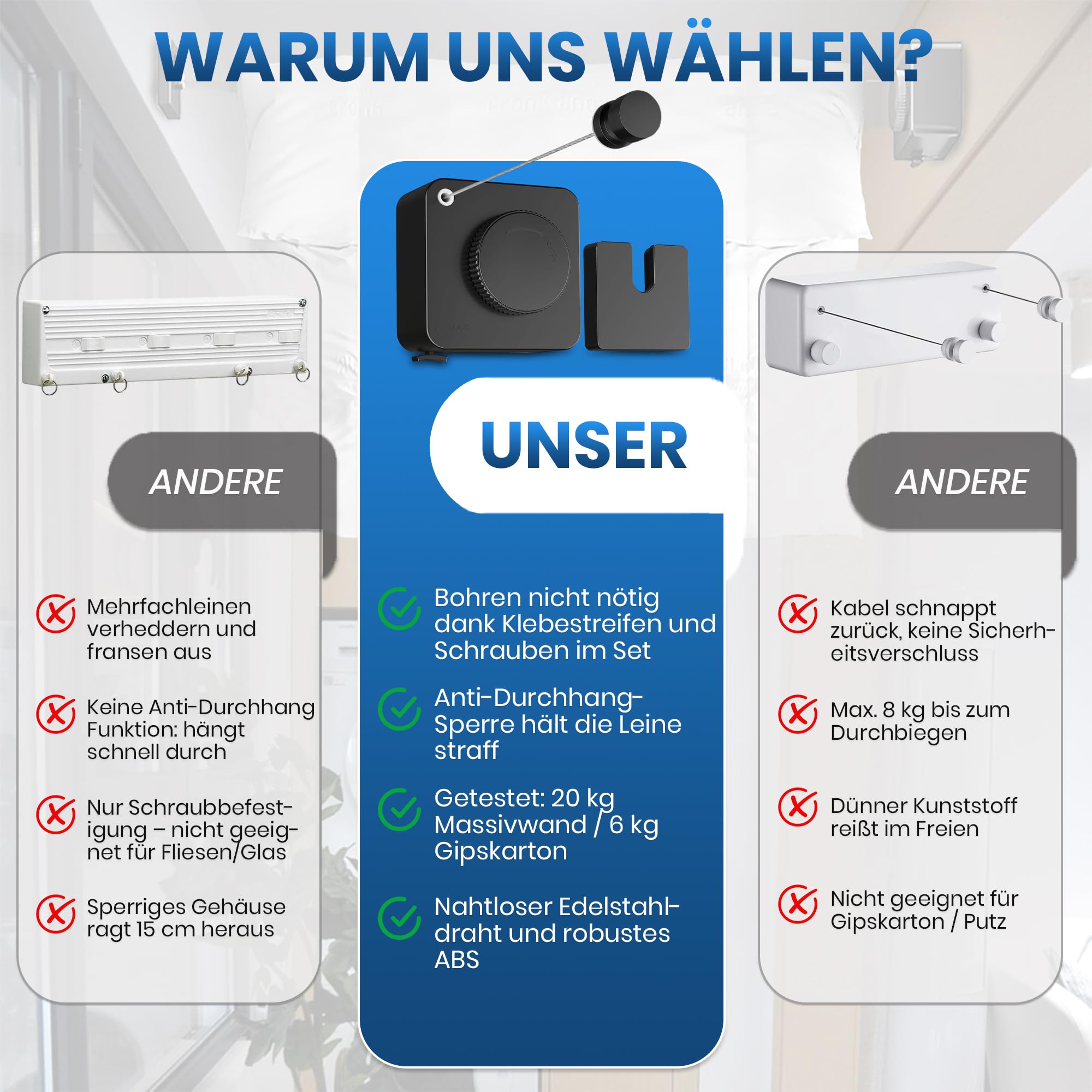 Lot de cordes à linge extensible murale - Corde à linge extensible (5,1 m de corde en acier inoxydable, jusqu'à 20 kg) - Peu encombrante pour salle de bain, balcon et camping-car