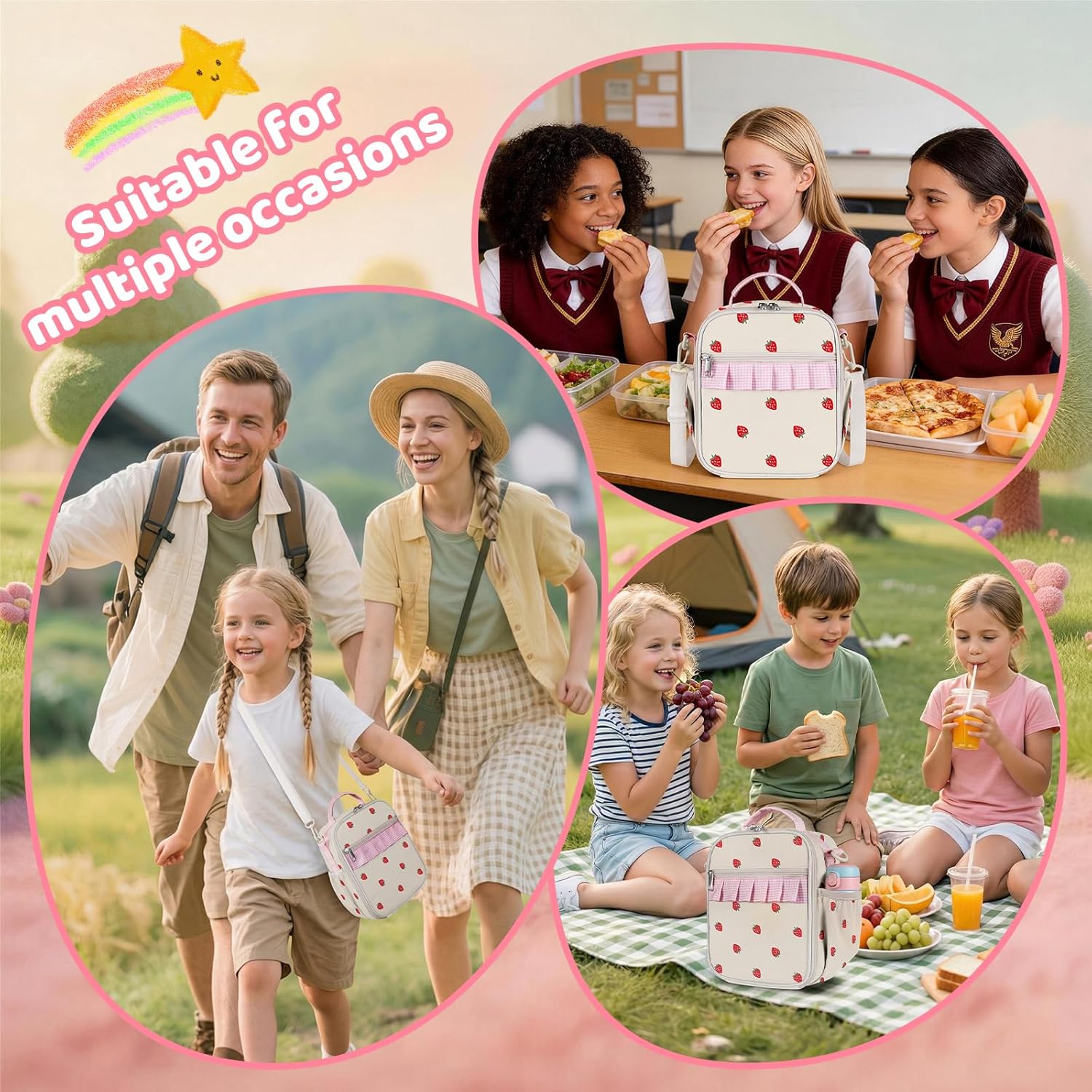 Insulated Lunch Bag for Teen Girl Kid Women with adjustable shoulder strap, Large Lunch Box, Reusable Portable Waterproof Leakproof Lunchbox for School Travel Office Picnic (Strawberry)