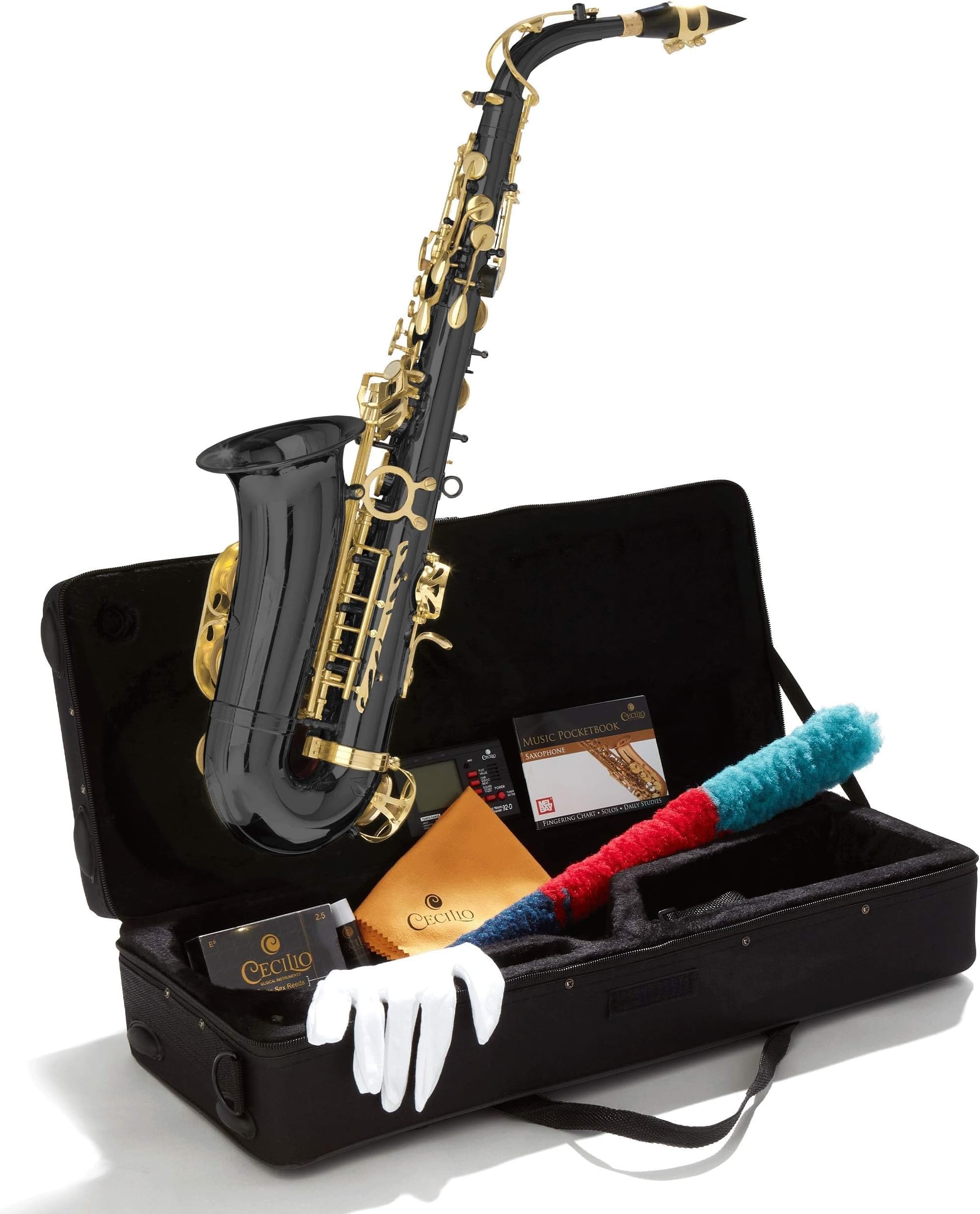 Mendini By Cecilio Tenor Saxophone - B Flat Black Golden Lacquer Saxophone for Beginner Musicians with Hard Case, Tuner, Mouthpiece, 10 Reeds, Polishing Cloth, Cleaning Rod, Gloves, Strap