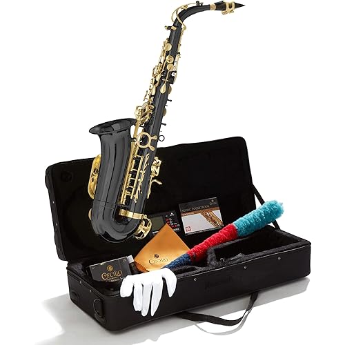 Mendini By Cecilio Tenor Saxophone - B Flat Black Golden Lacquer Saxophone for Beginner Musicians with Hard Case, Tuner, Mouthpiece, 10 Reeds, Polishing Cloth, Cleaning Rod, Gloves, Strap