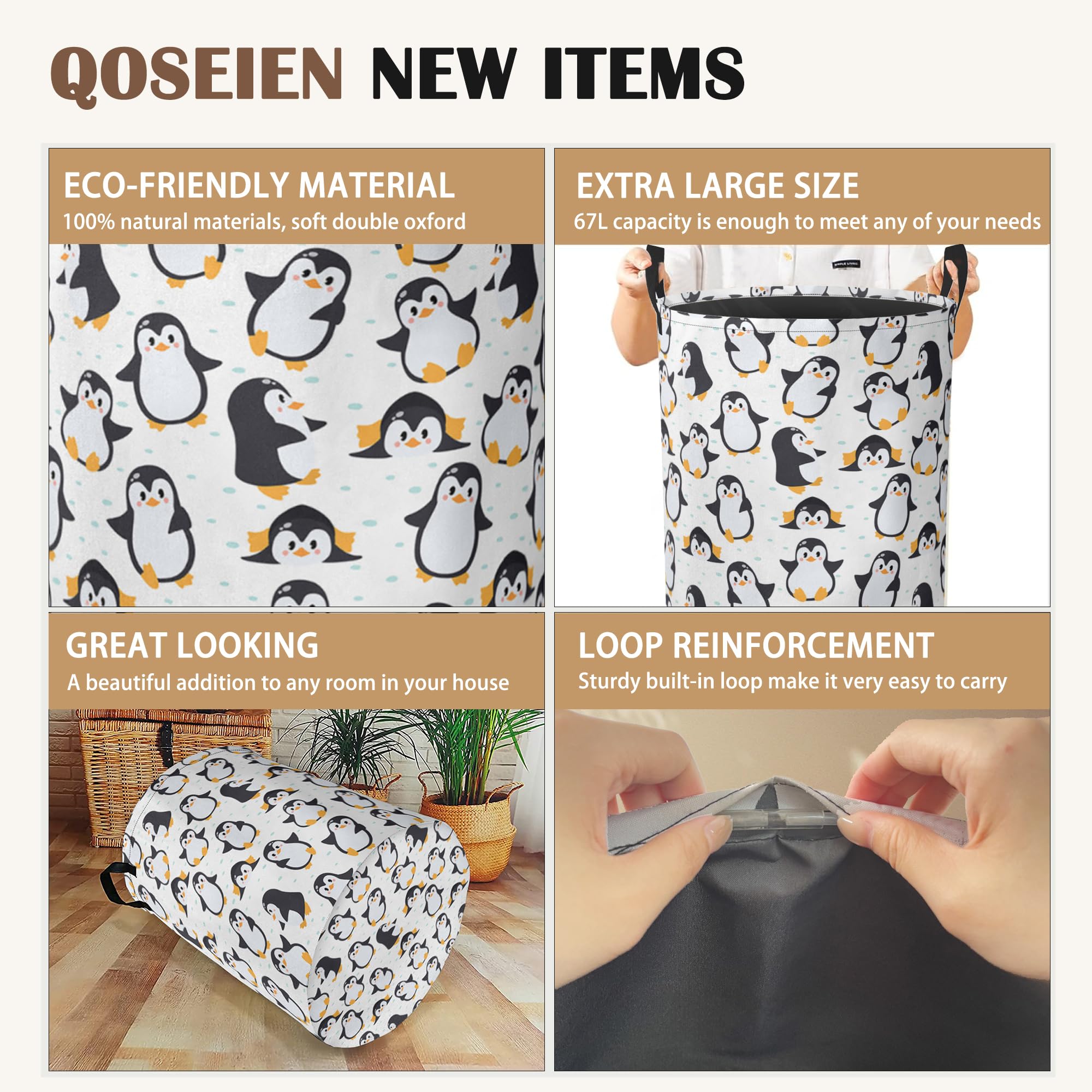Cute Baby Penguins Laundry Basket Collapsible Laundry Basket Oxford Cloth Storage Hamper with Easy Carry Handles for Bedroom, Bathroom, and Dorm 16 inchx20.8inch