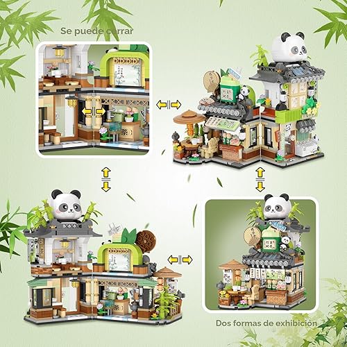 Miniatura 3 de Street View Tea Shop Mini bloques de construcción, MOC juguetes de construcción creativos lindos animales panda juego de construcción para niñas de